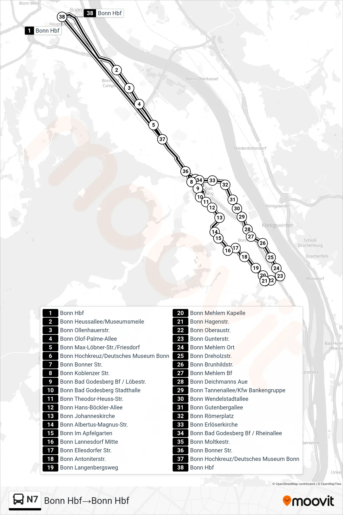 Linie N7 (Bus) Richtung Bonn Hbf‎→Bonn Hbf: Route und Haltestellen auf der Karte