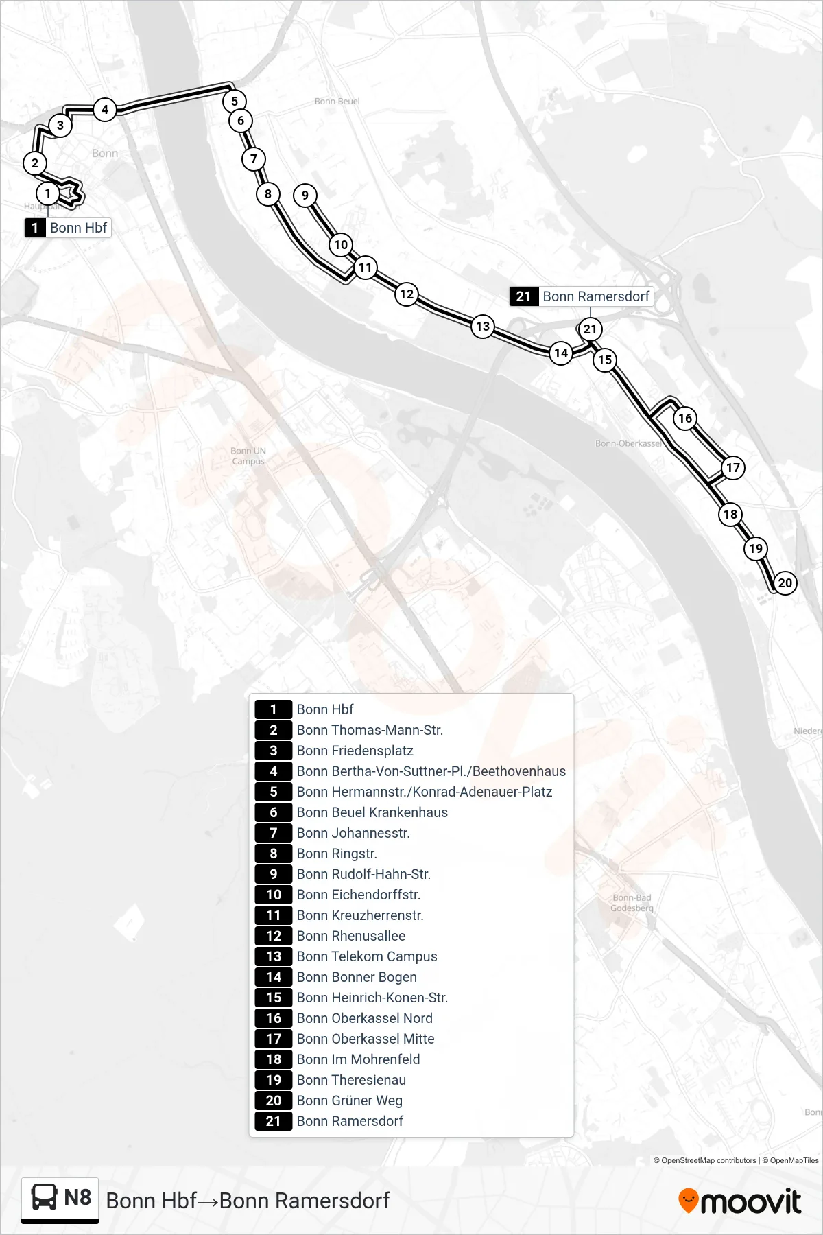 Linie N8 (Bus) Richtung Bonn Hbf→Bonn Ramersdorf: Route und Haltestellen auf der Karte