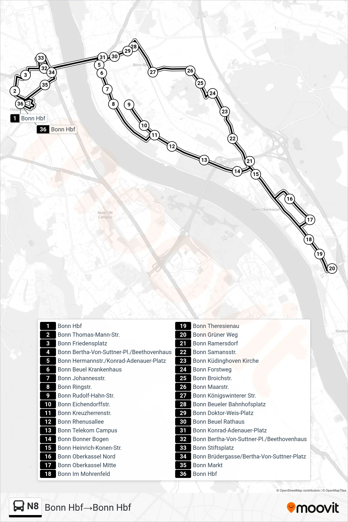 Linie N8 (Bus) Richtung Bonn Hbf‎→Bonn Hbf: Route und Haltestellen auf der Karte