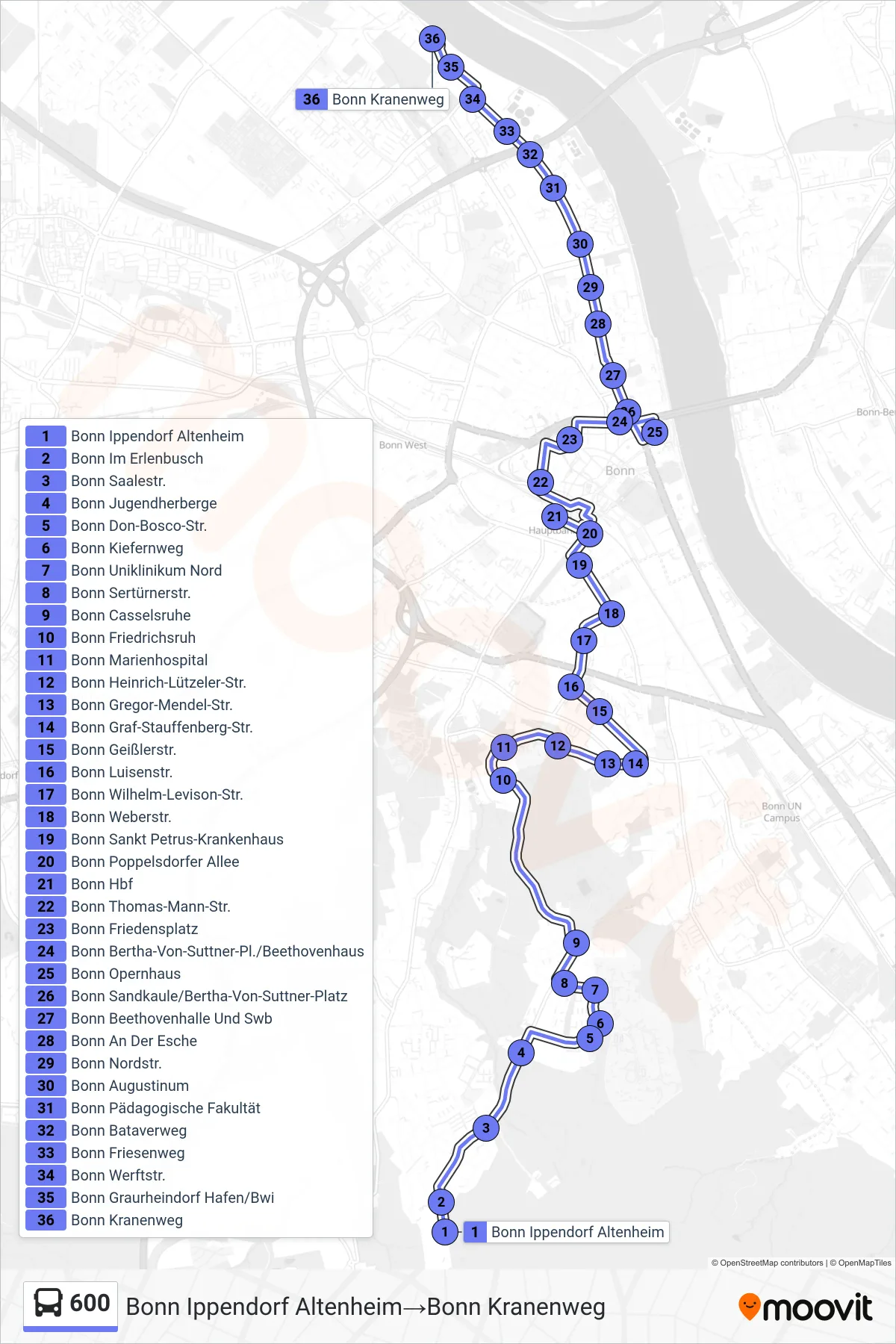 Linie 600 (Bus) Richtung Bonn Ippendorf Altenheim→Bonn Kranenweg: Route und Haltestellen auf der Karte