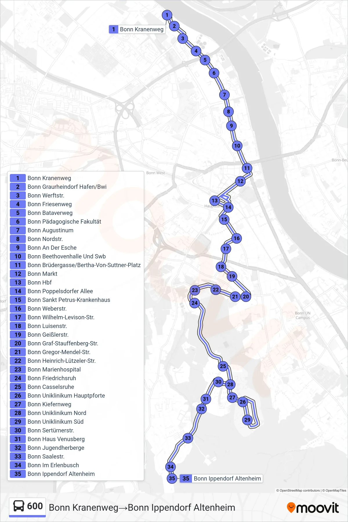 Linie 600 (Bus) Richtung Bonn Kranenweg→Bonn Ippendorf Altenheim: Route und Haltestellen auf der Karte
