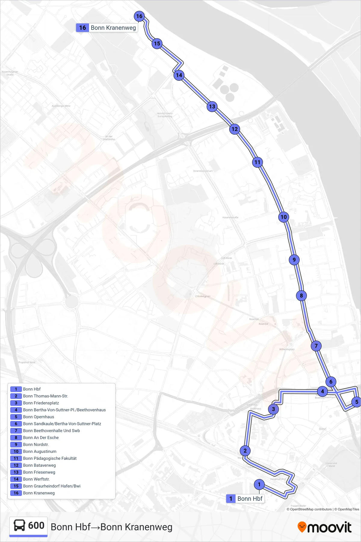 600 bus Line (Bonn Hbf→Bonn Kranenweg) route and stops on a map