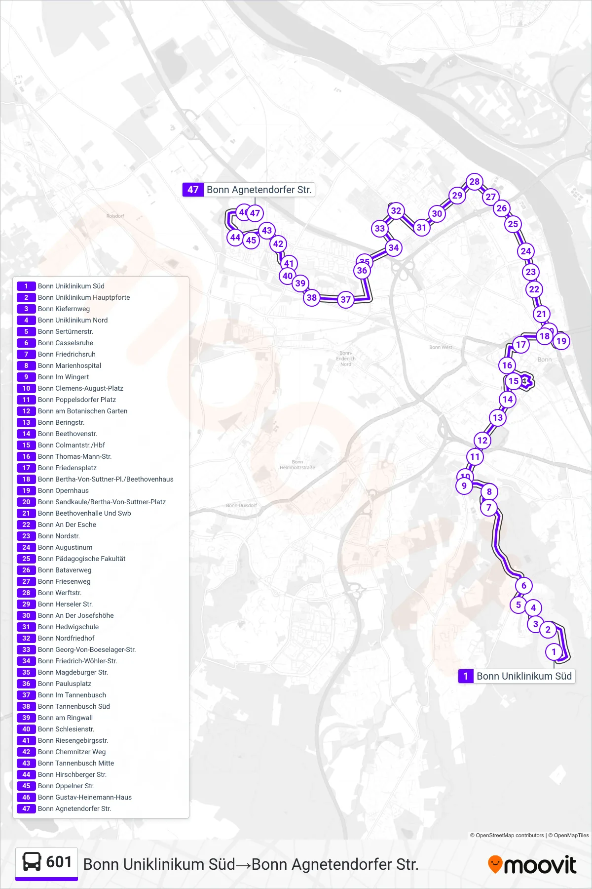 Linie 601 (Bus) Richtung Bonn Uniklinikum Süd→Bonn Agnetendorfer Str.: Route und Haltestellen auf der Karte
