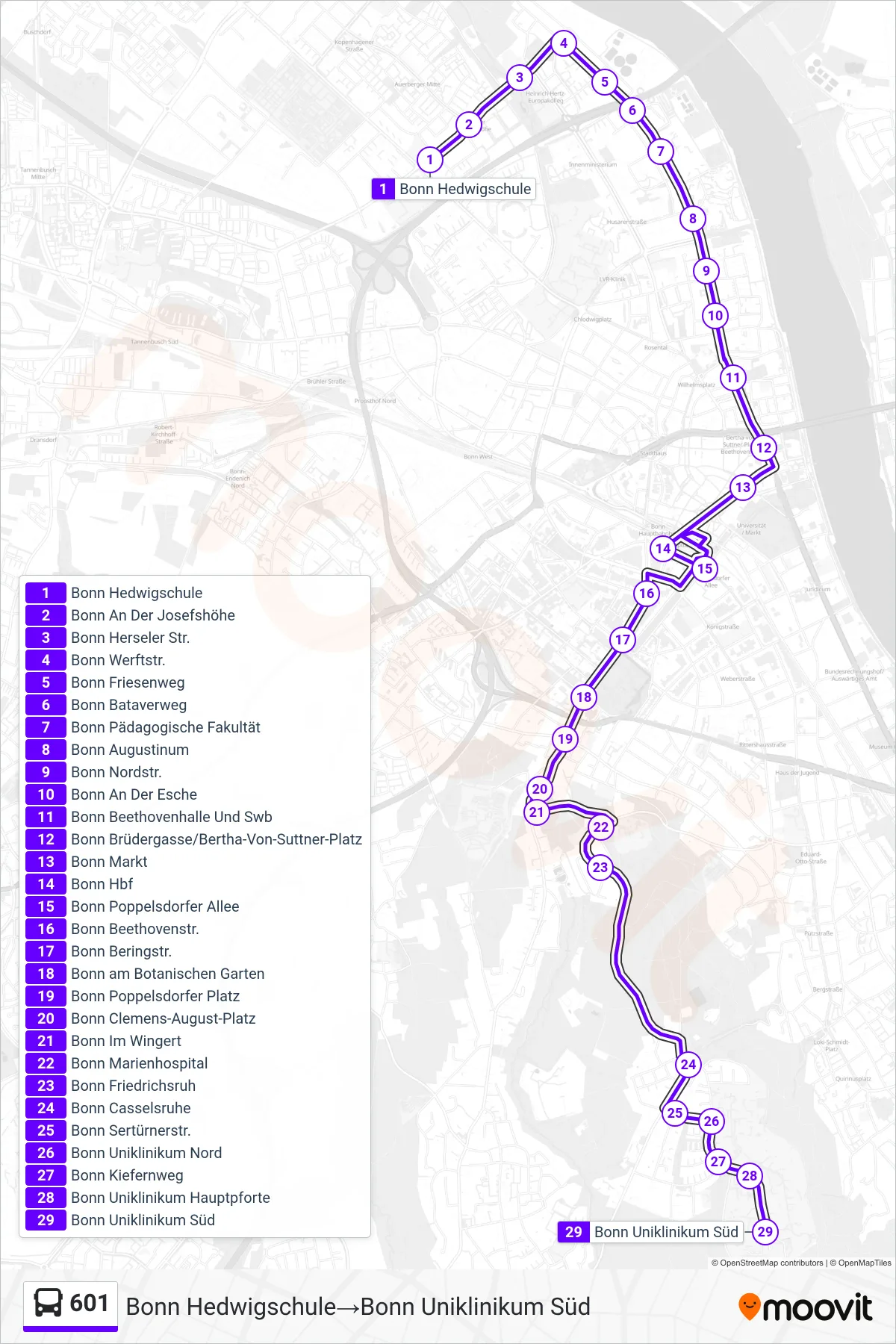 Linie 601 (Bus) Richtung Bonn Hedwigschule→Bonn Uniklinikum Süd: Route und Haltestellen auf der Karte