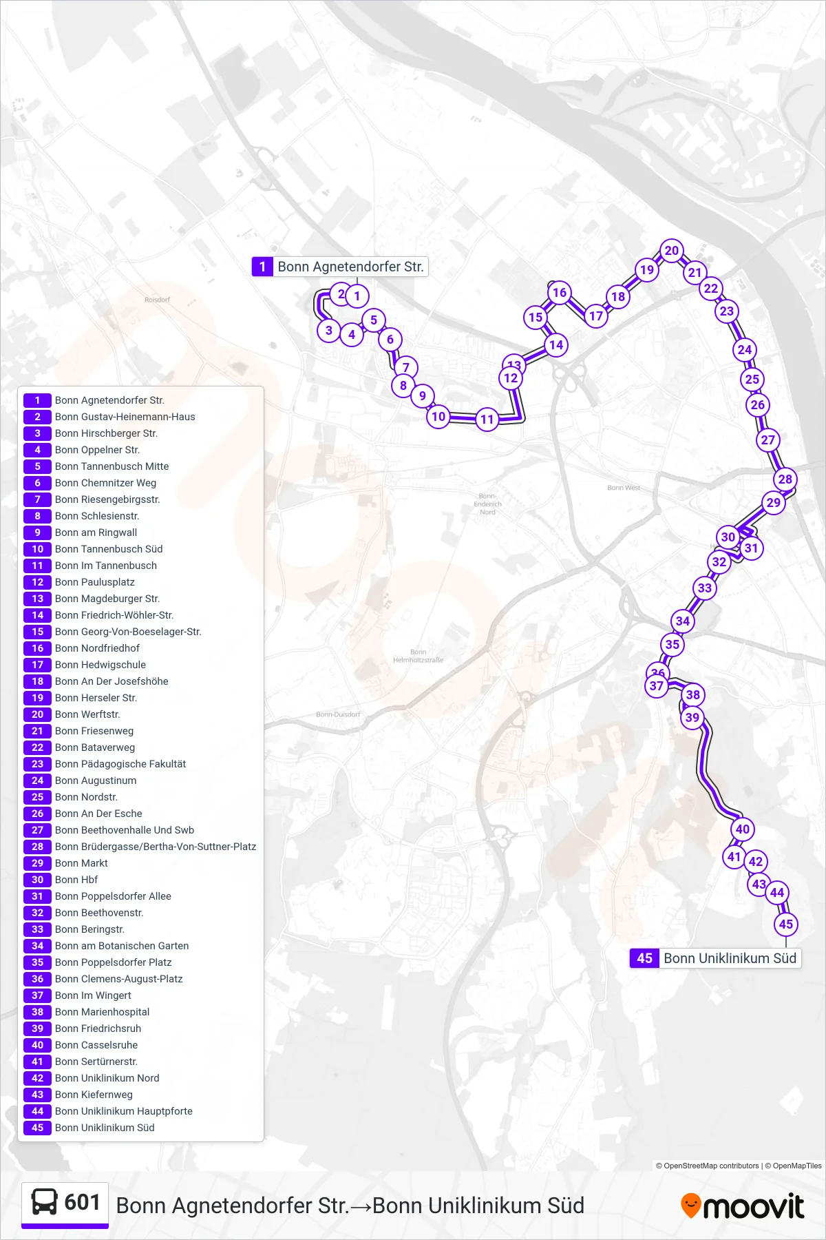Linie 601 (Bus) Richtung Bonn Agnetendorfer Str.→Bonn Uniklinikum Süd: Route und Haltestellen auf der Karte