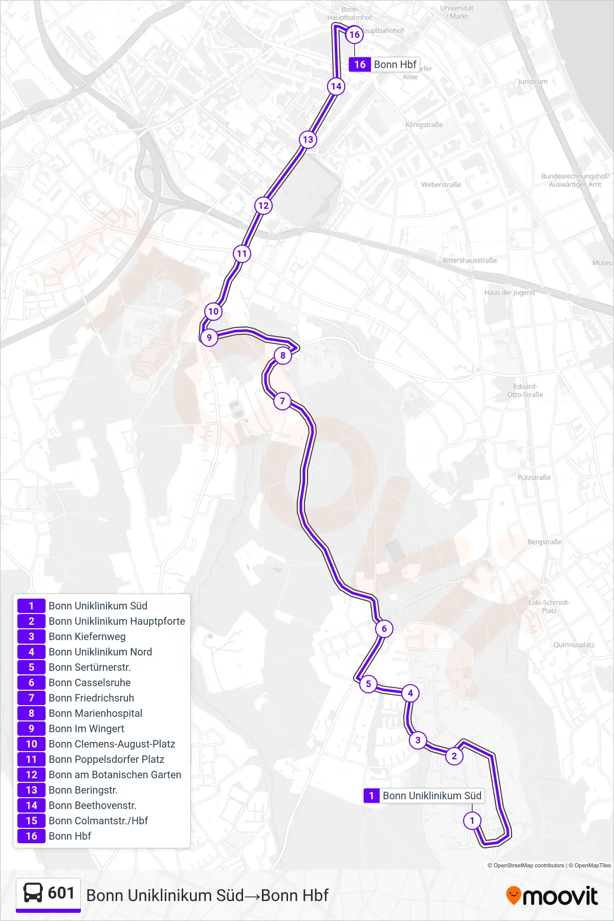 Linie 601 (Bus) Richtung Bonn Uniklinikum Süd→Bonn Hbf: Route und Haltestellen auf der Karte
