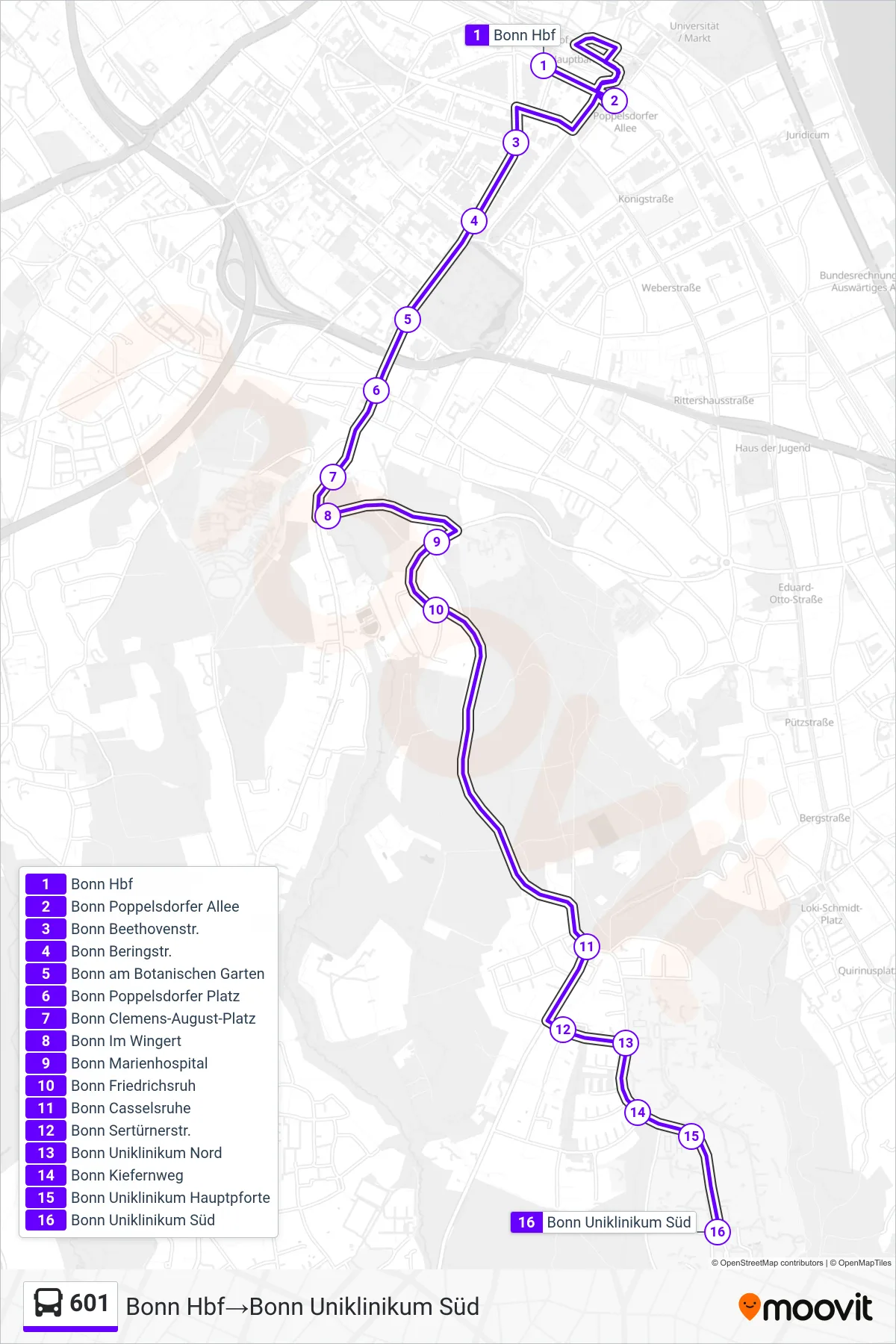 Linie 601 (Bus) Richtung Bonn Hbf→Bonn Uniklinikum Süd: Route und Haltestellen auf der Karte