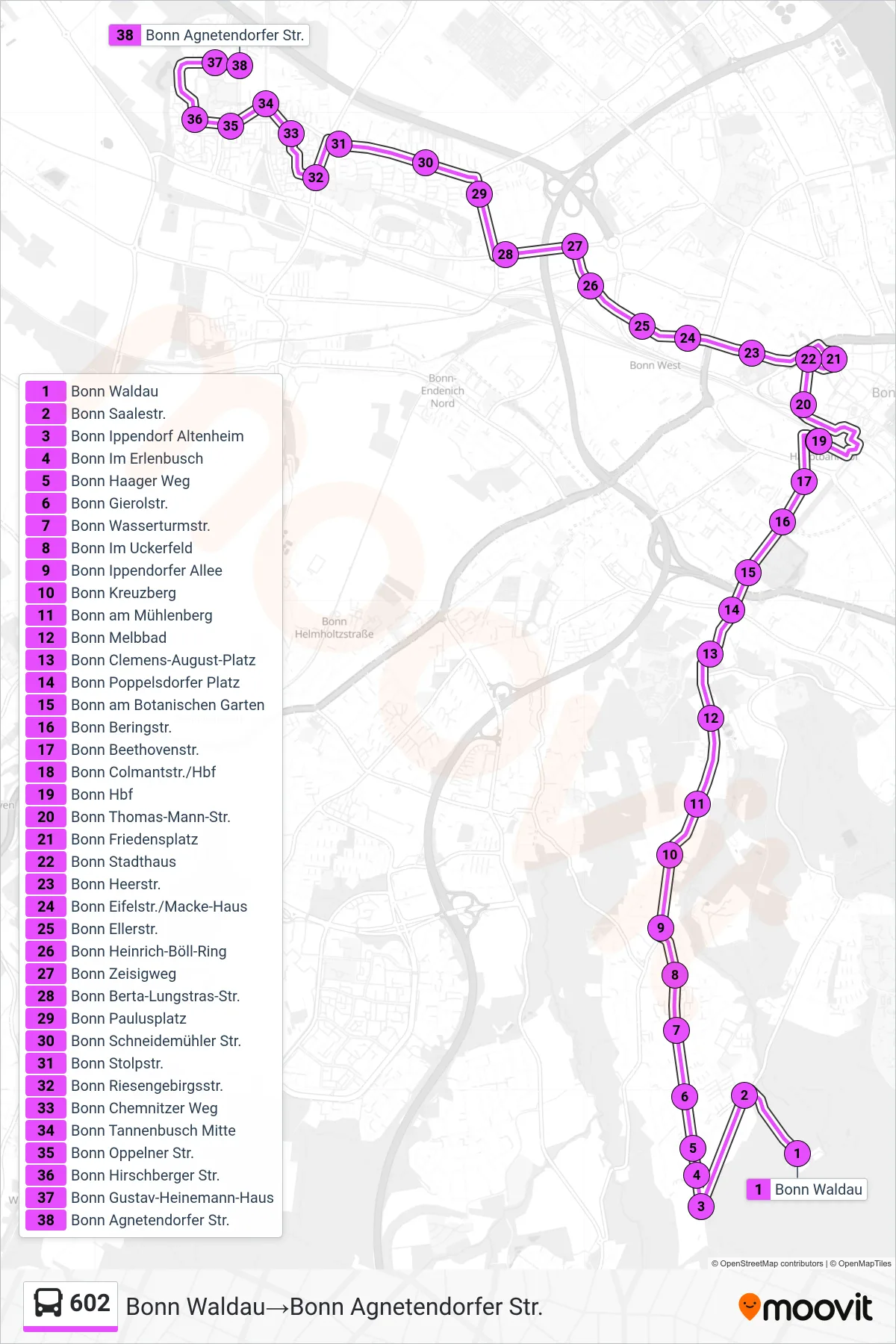 Linie 602 (Bus) Richtung Bonn Waldau→Bonn Agnetendorfer Str.: Route und Haltestellen auf der Karte