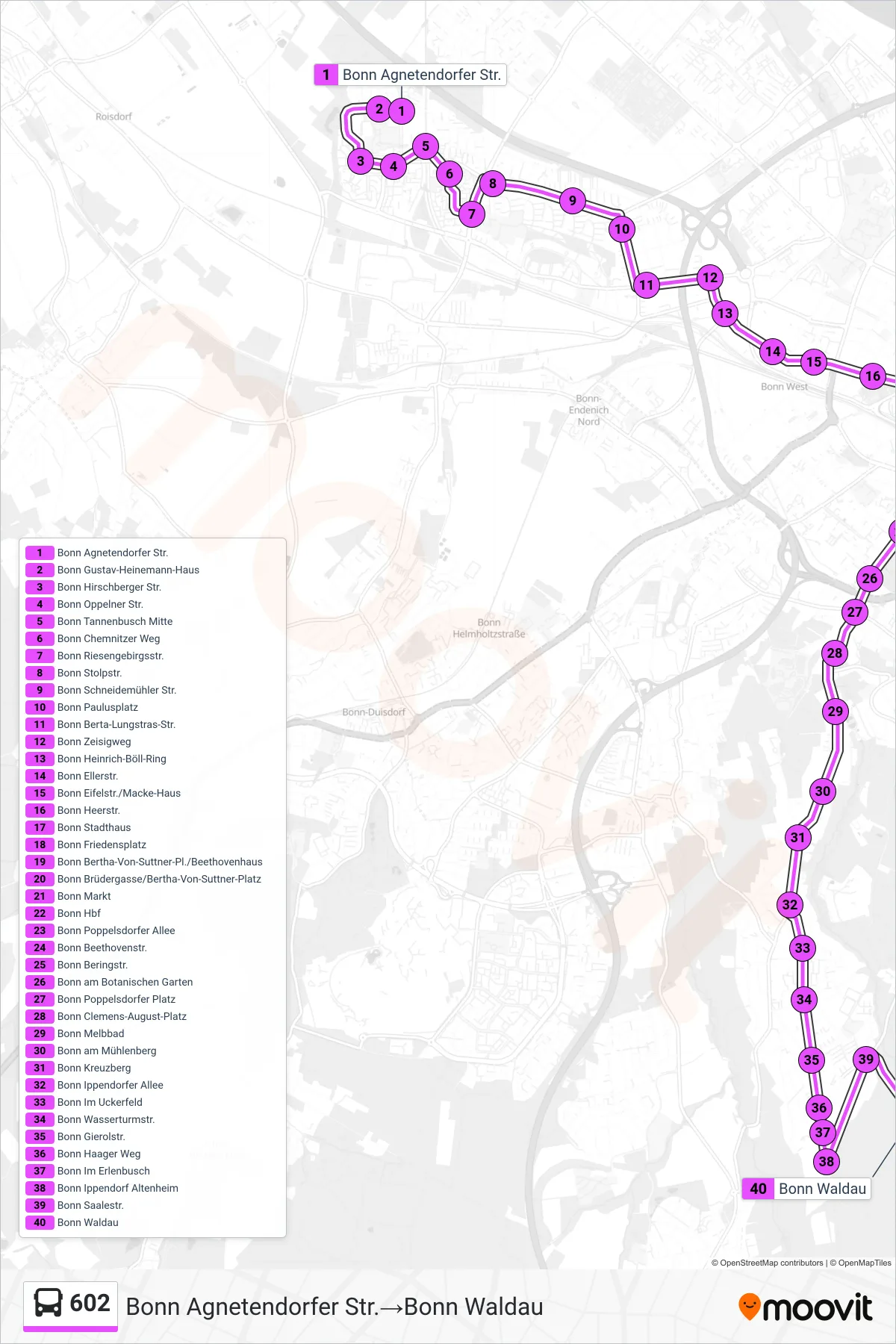 Linie 602 (Bus) Richtung Bonn Agnetendorfer Str.‎→Bonn Waldau: Route und Haltestellen auf der Karte