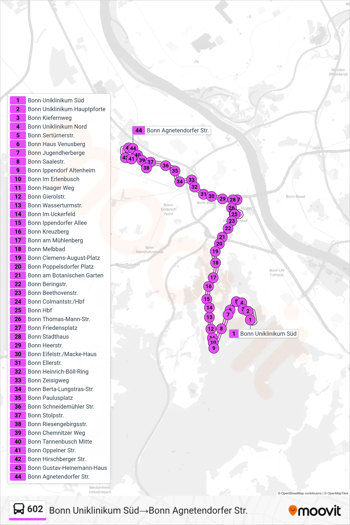 Linie 602 (Bus) Richtung Bonn Uniklinikum Süd‎→Bonn Agnetendorfer Str.: Route und Haltestellen auf der Karte