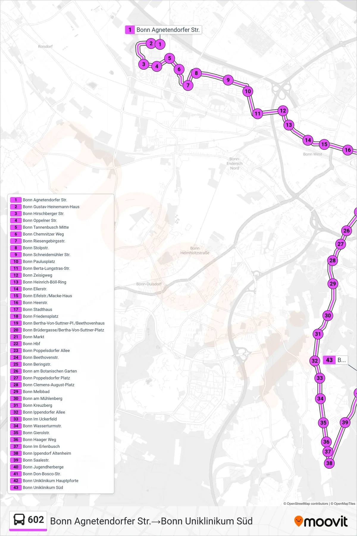 Linie 602 (Bus) Richtung Bonn Agnetendorfer Str.→Bonn Uniklinikum Süd: Route und Haltestellen auf der Karte