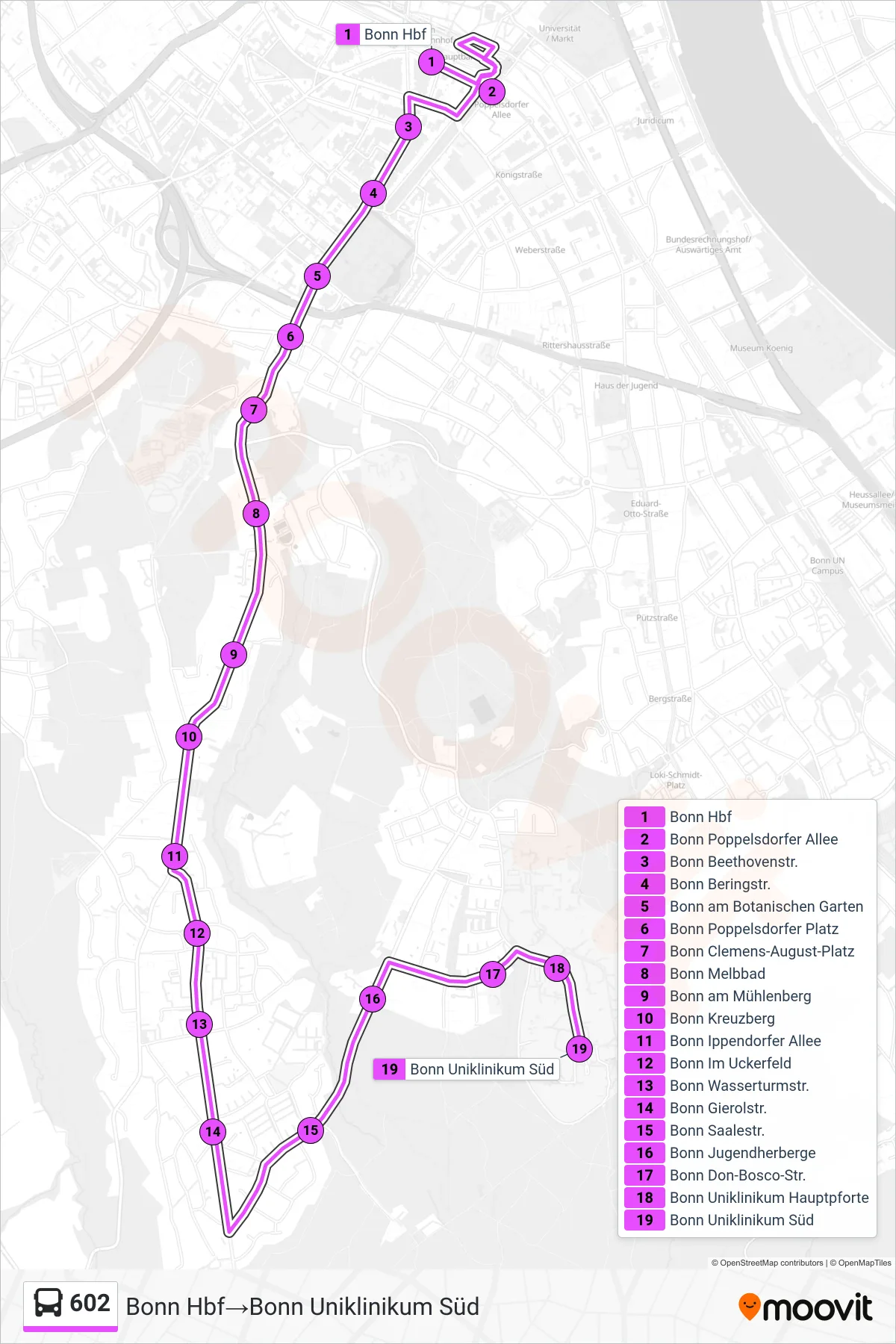 Linie 602 (Bus) Richtung Bonn Hbf→Bonn Uniklinikum Süd: Route und Haltestellen auf der Karte