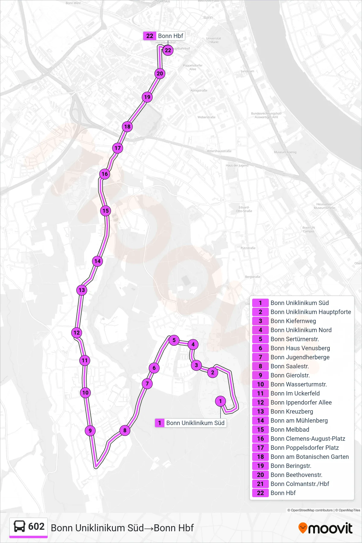 602 bus Line (Bonn Uniklinikum Süd→Bonn Hbf) route and stops on a map