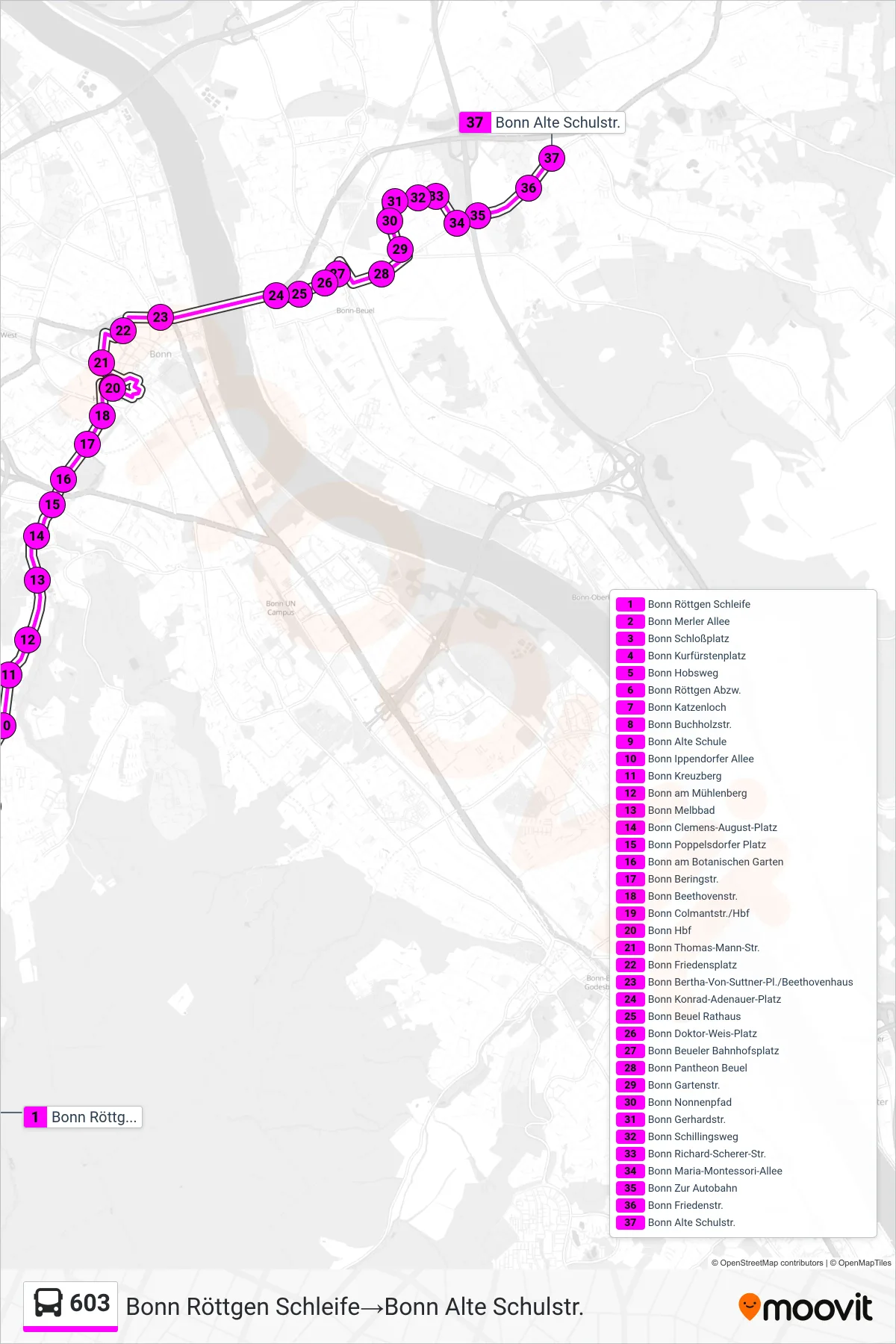 Linie 603 (Bus) Richtung Bonn Röttgen Schleife→Bonn Alte Schulstr.: Route und Haltestellen auf der Karte