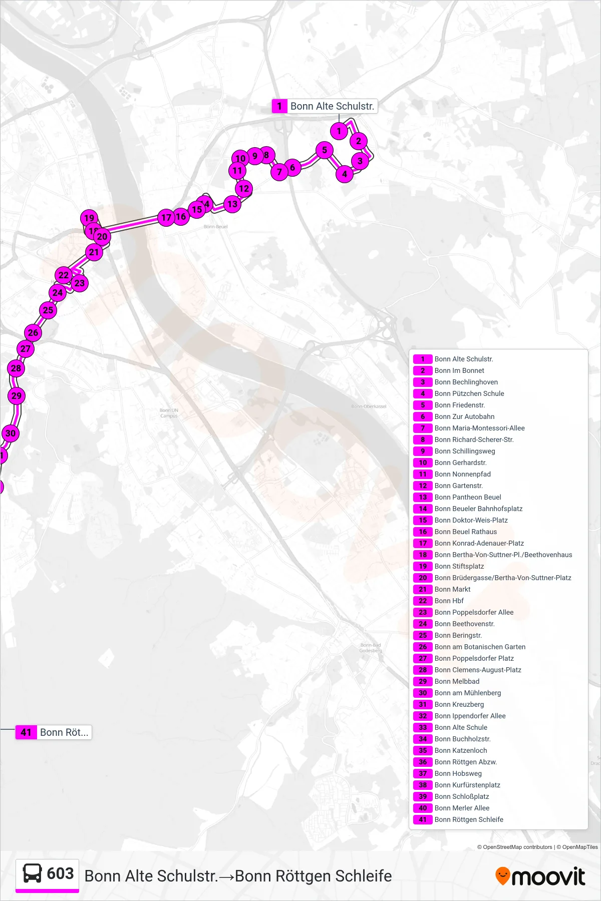 Linie 603 (Bus) Richtung Bonn Alte Schulstr.‎→Bonn Röttgen Schleife: Route und Haltestellen auf der Karte