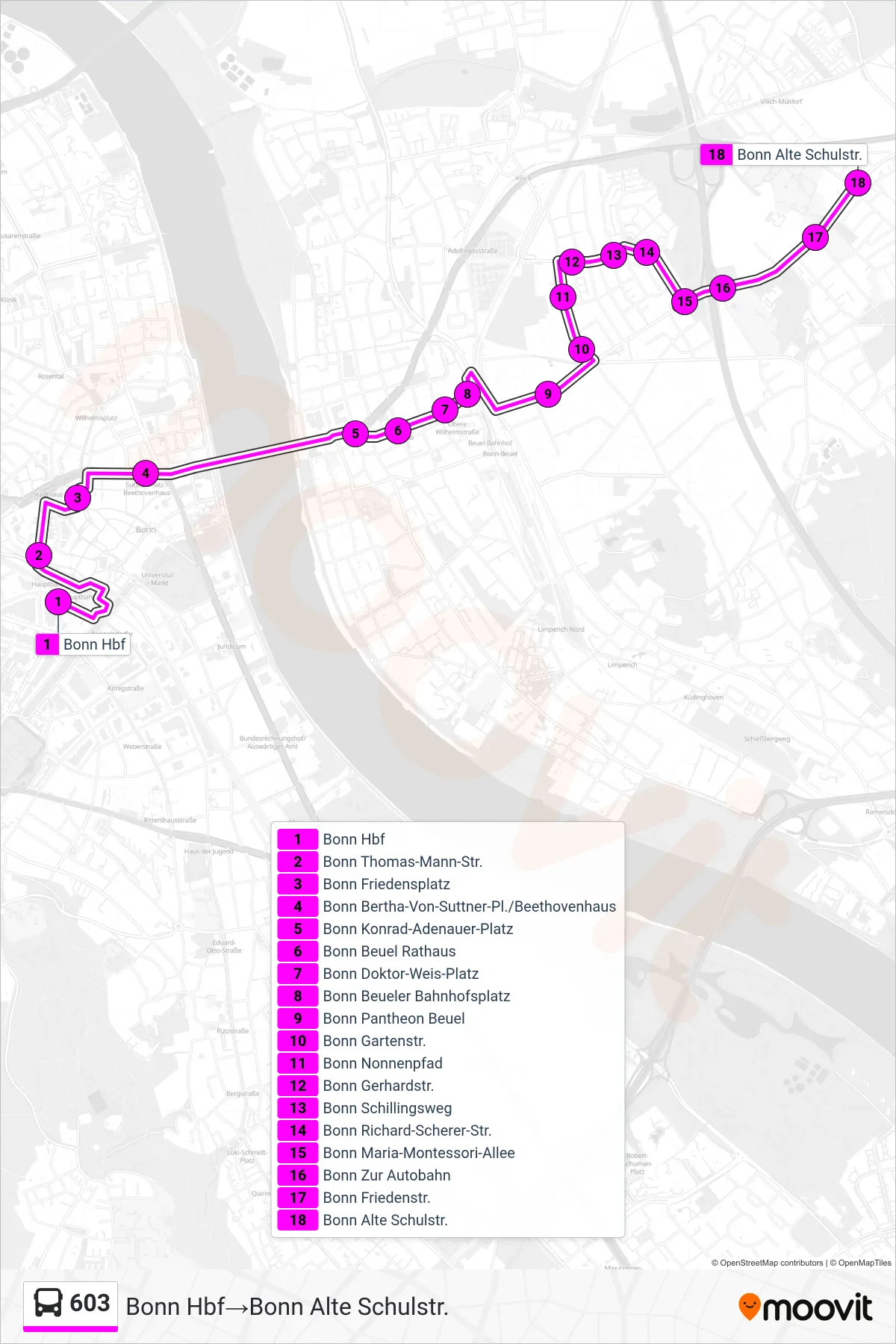 Linie 603 (Bus) Richtung Bonn Hbf→Bonn Alte Schulstr.: Route und Haltestellen auf der Karte