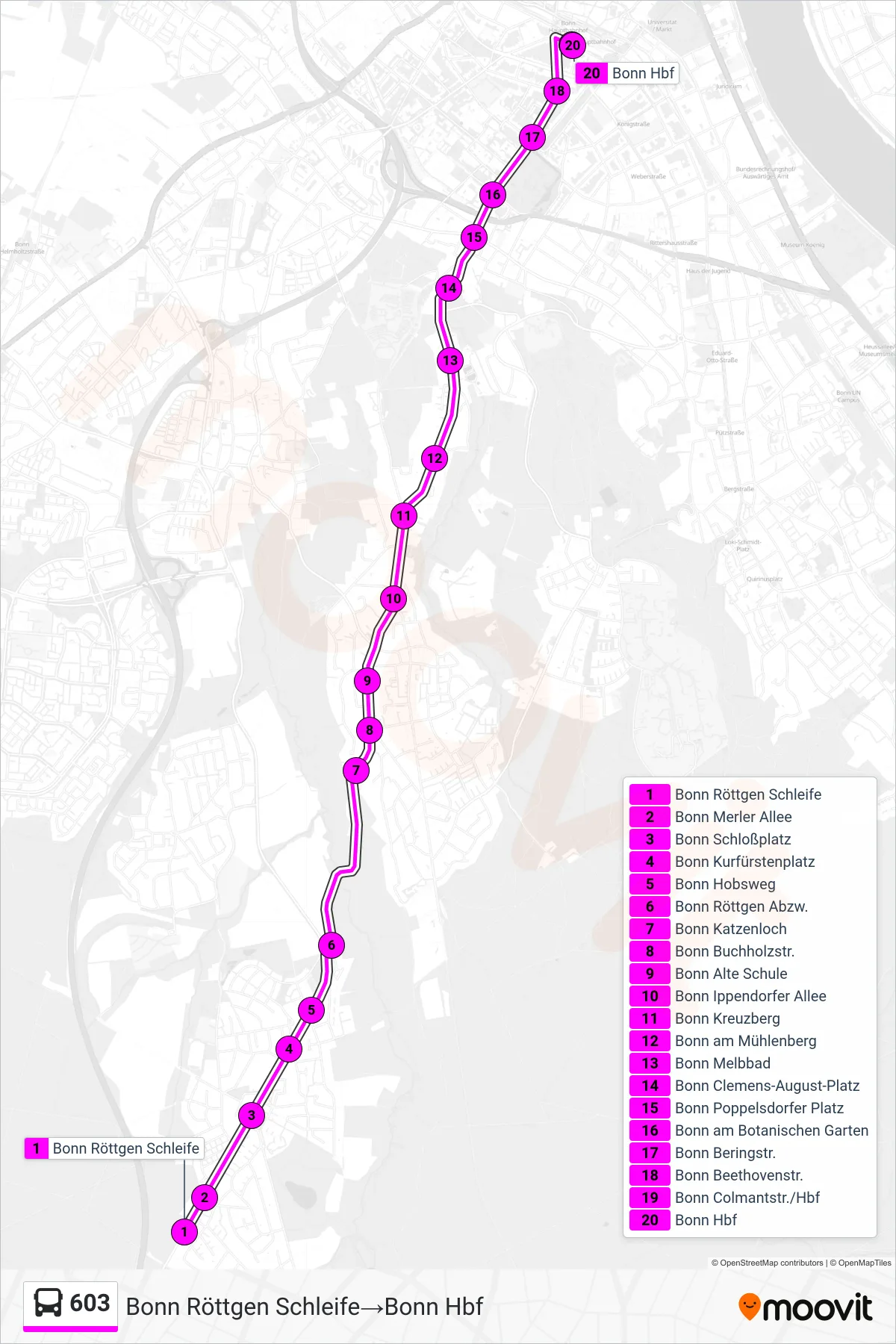 603 bus Line (Bonn Röttgen Schleife→Bonn Hbf) route and stops on a map