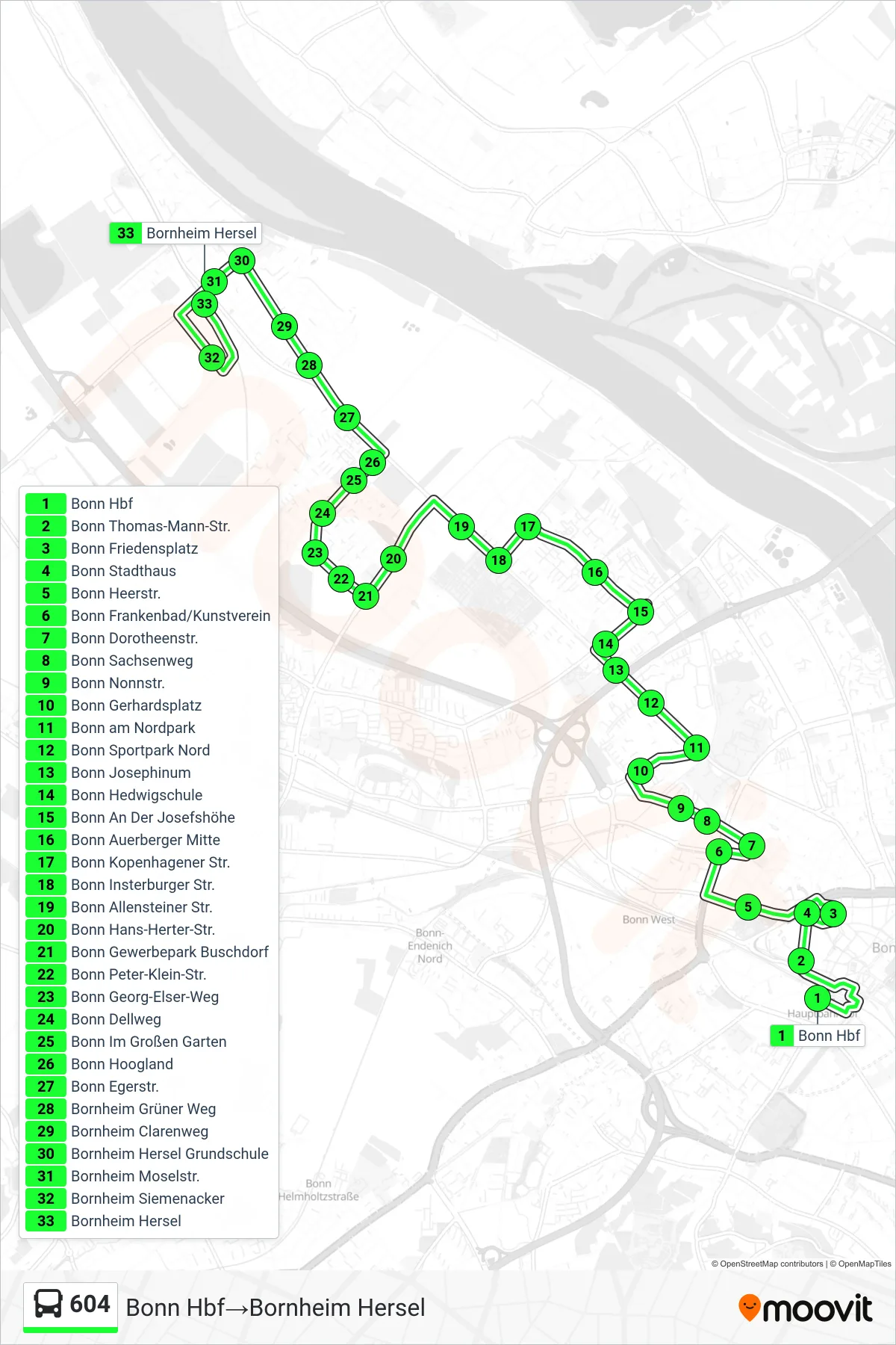 604 bus Line (Bonn Hbf→Bornheim Hersel) route and stops on a map