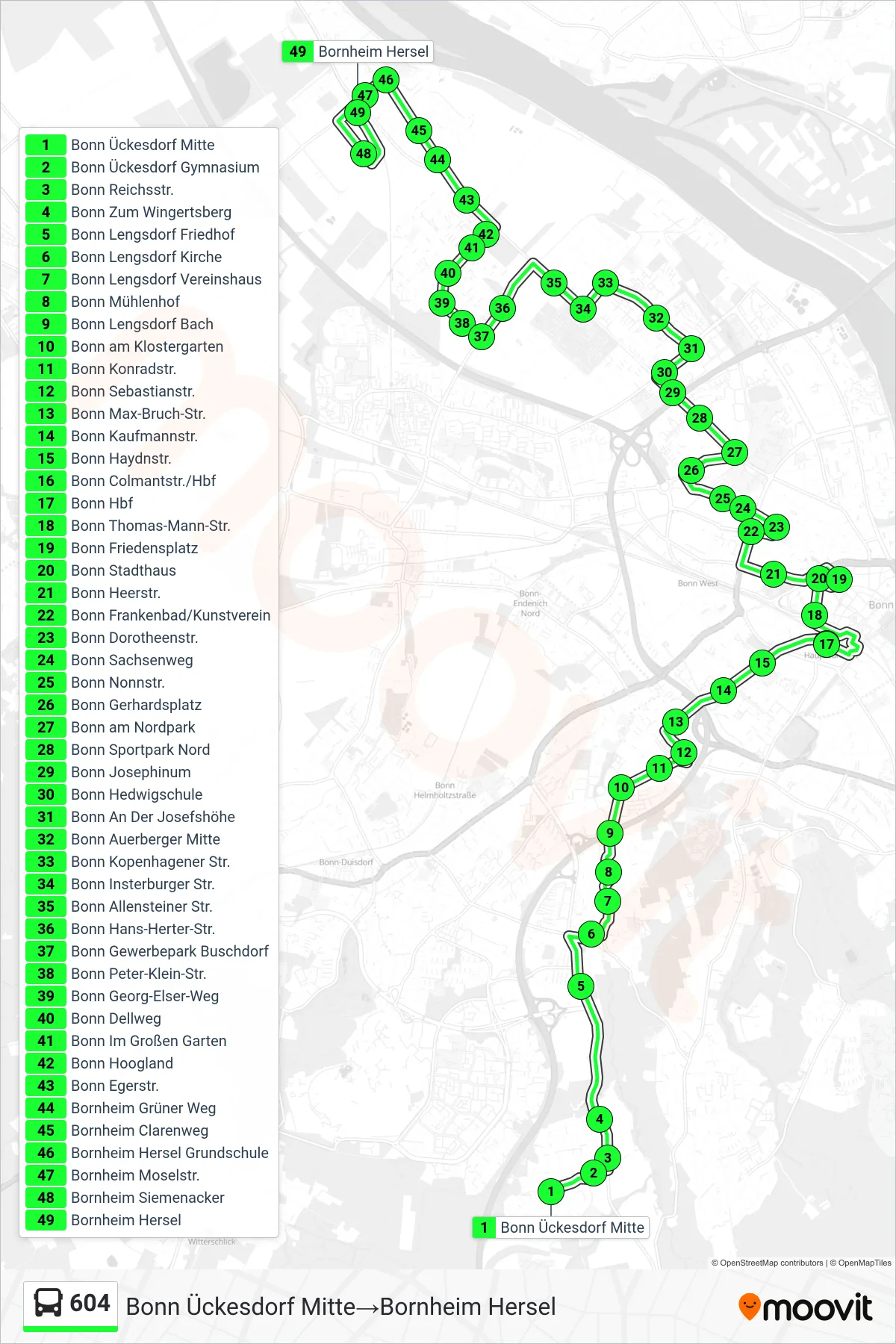 Linie 604 (Bus) Richtung Bonn Ückesdorf Mitte→Bornheim Hersel: Route und Haltestellen auf der Karte