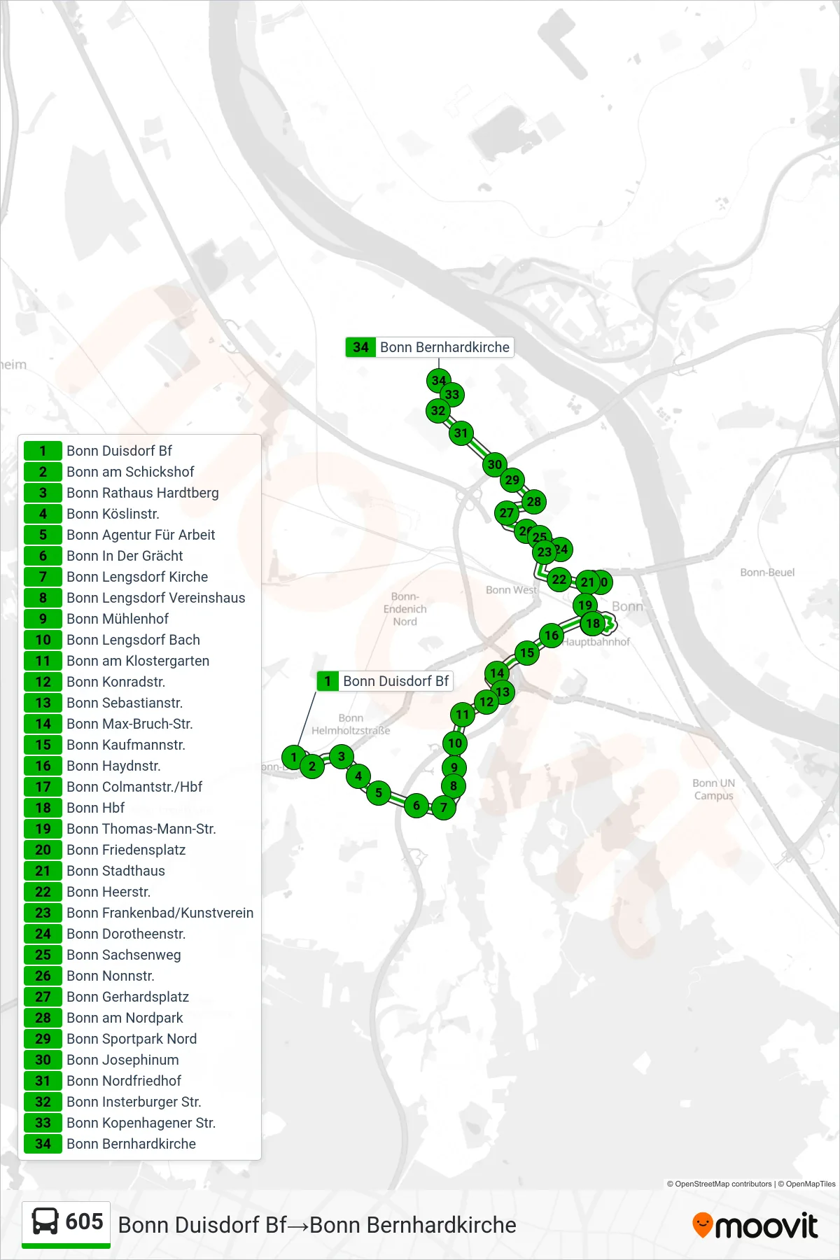 Linie 605 (Bus) Richtung Bonn Duisdorf Bf→Bonn Bernhardkirche: Route und Haltestellen auf der Karte