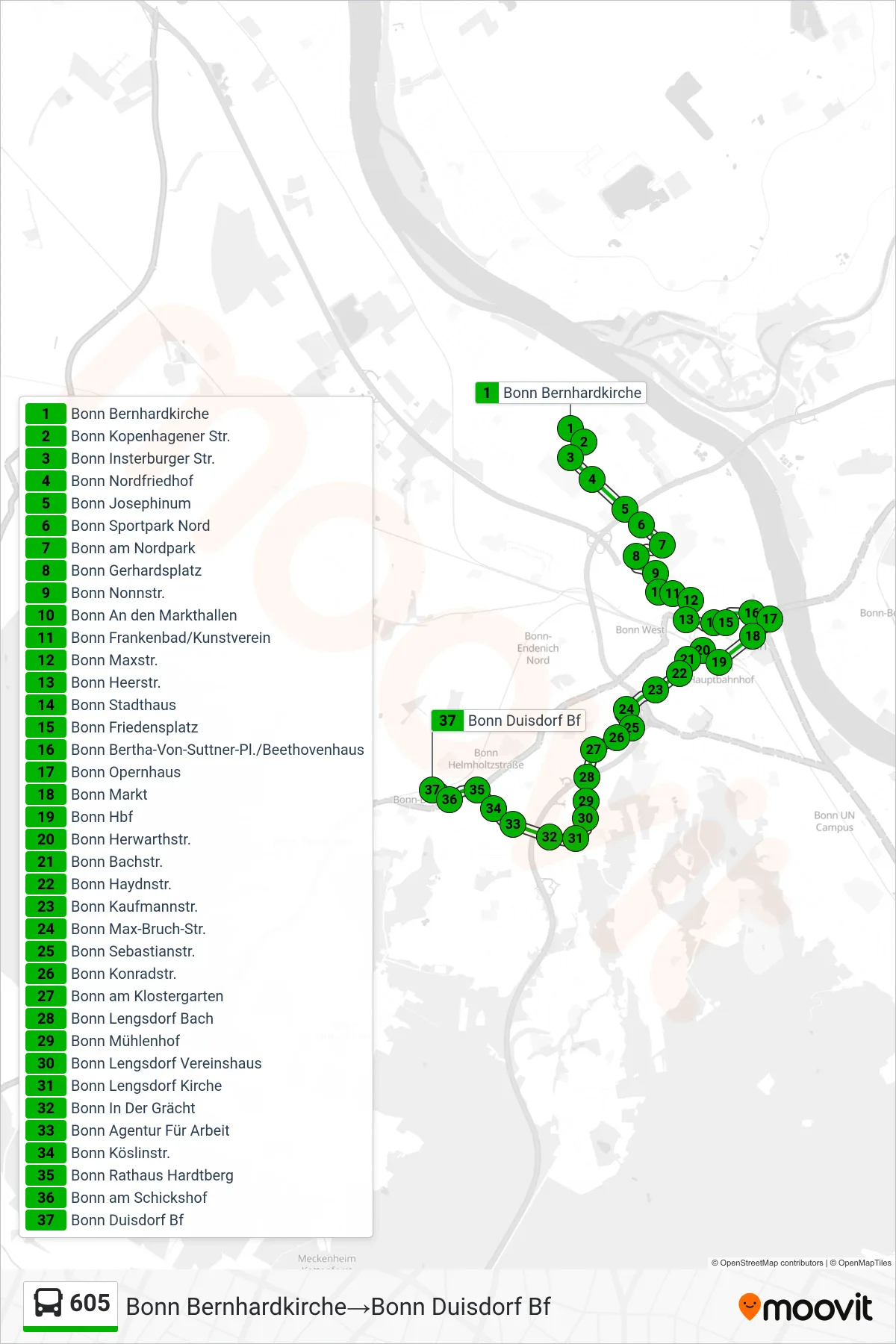 Linie 605 (Bus) Richtung Bonn Bernhardkirche→Bonn Duisdorf Bf: Route und Haltestellen auf der Karte