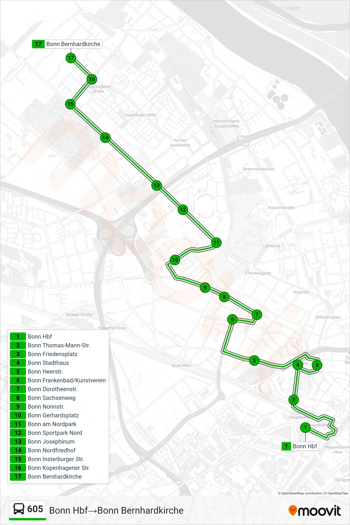 Linie 605 (Bus) Richtung Bonn Hbf‎→Bonn Bernhardkirche: Route und Haltestellen auf der Karte