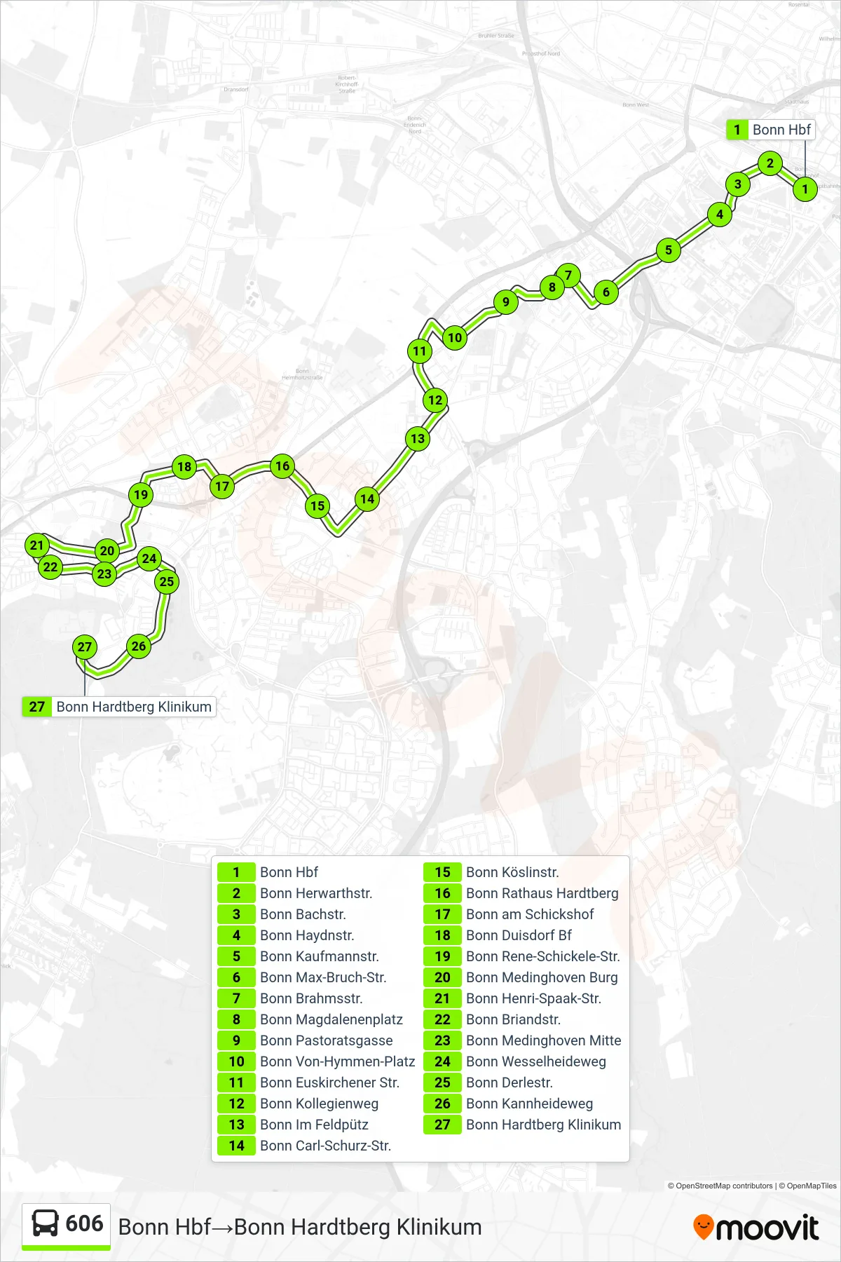 Linie 606 (Bus) Richtung Bonn Hbf‎→Bonn Hardtberg Klinikum: Route und Haltestellen auf der Karte