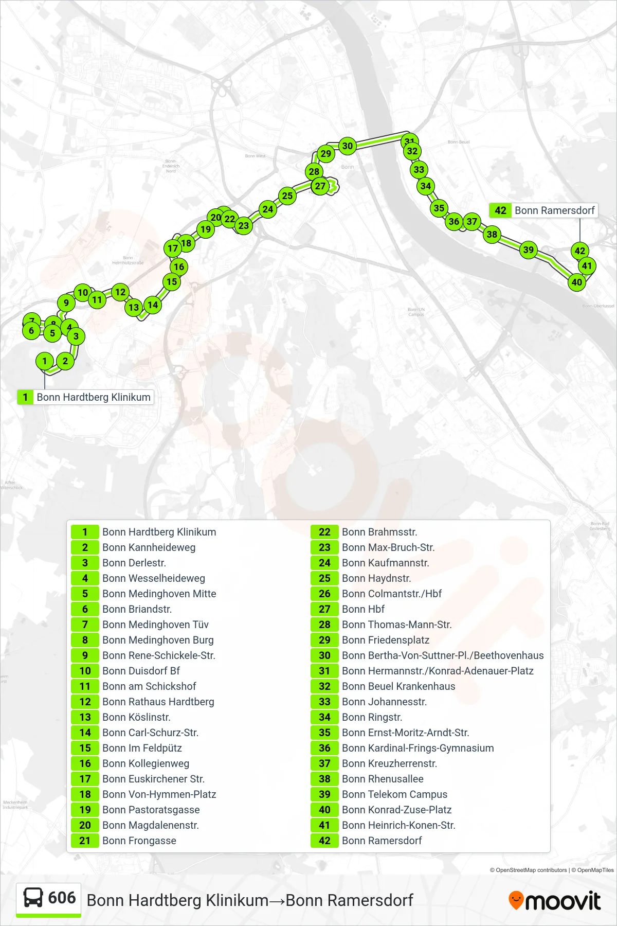 Linie 606 (Bus) Richtung Bonn Hardtberg Klinikum→Bonn Ramersdorf: Route und Haltestellen auf der Karte