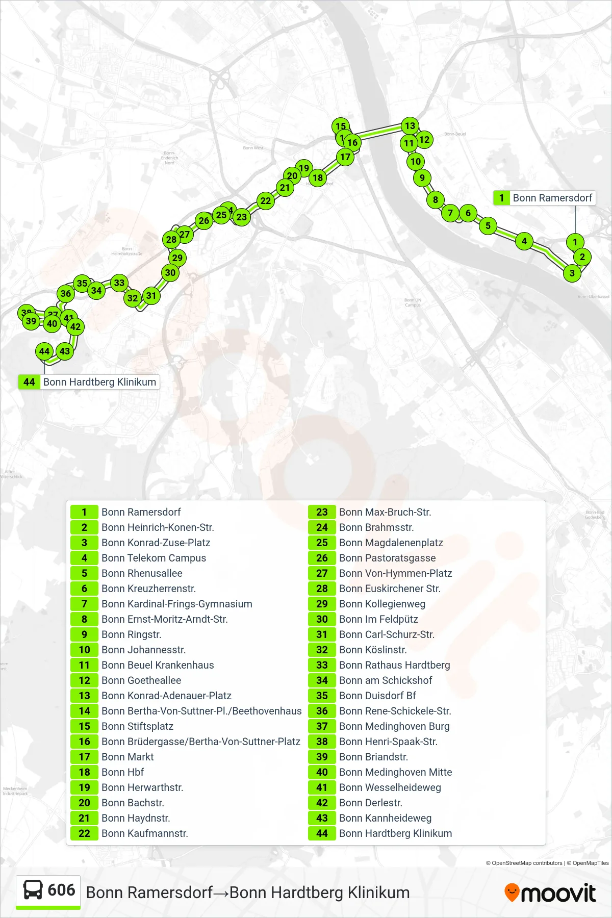 Linie 606 (Bus) Richtung Bonn Ramersdorf‎→Bonn Hardtberg Klinikum: Route und Haltestellen auf der Karte