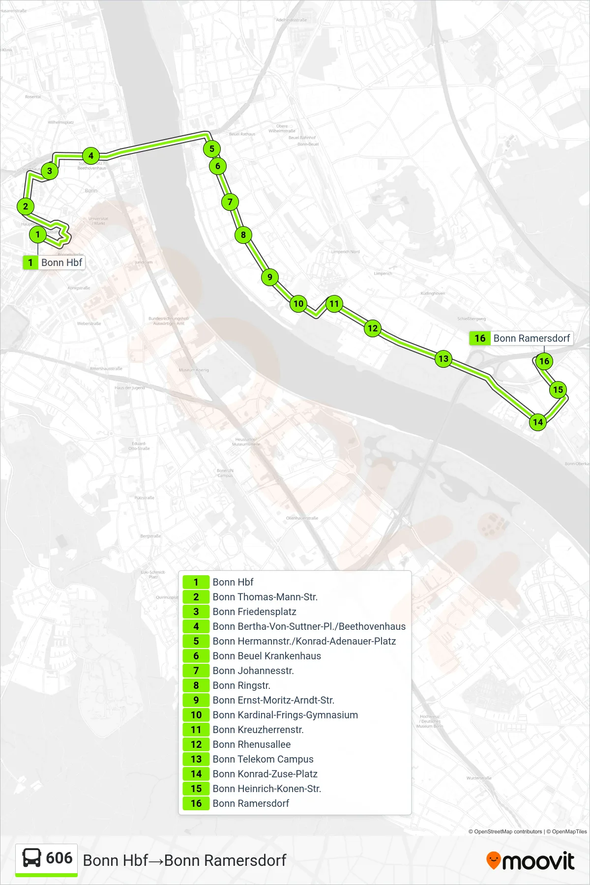 Linie 606 (Bus) Richtung Bonn Hbf→Bonn Ramersdorf: Route und Haltestellen auf der Karte