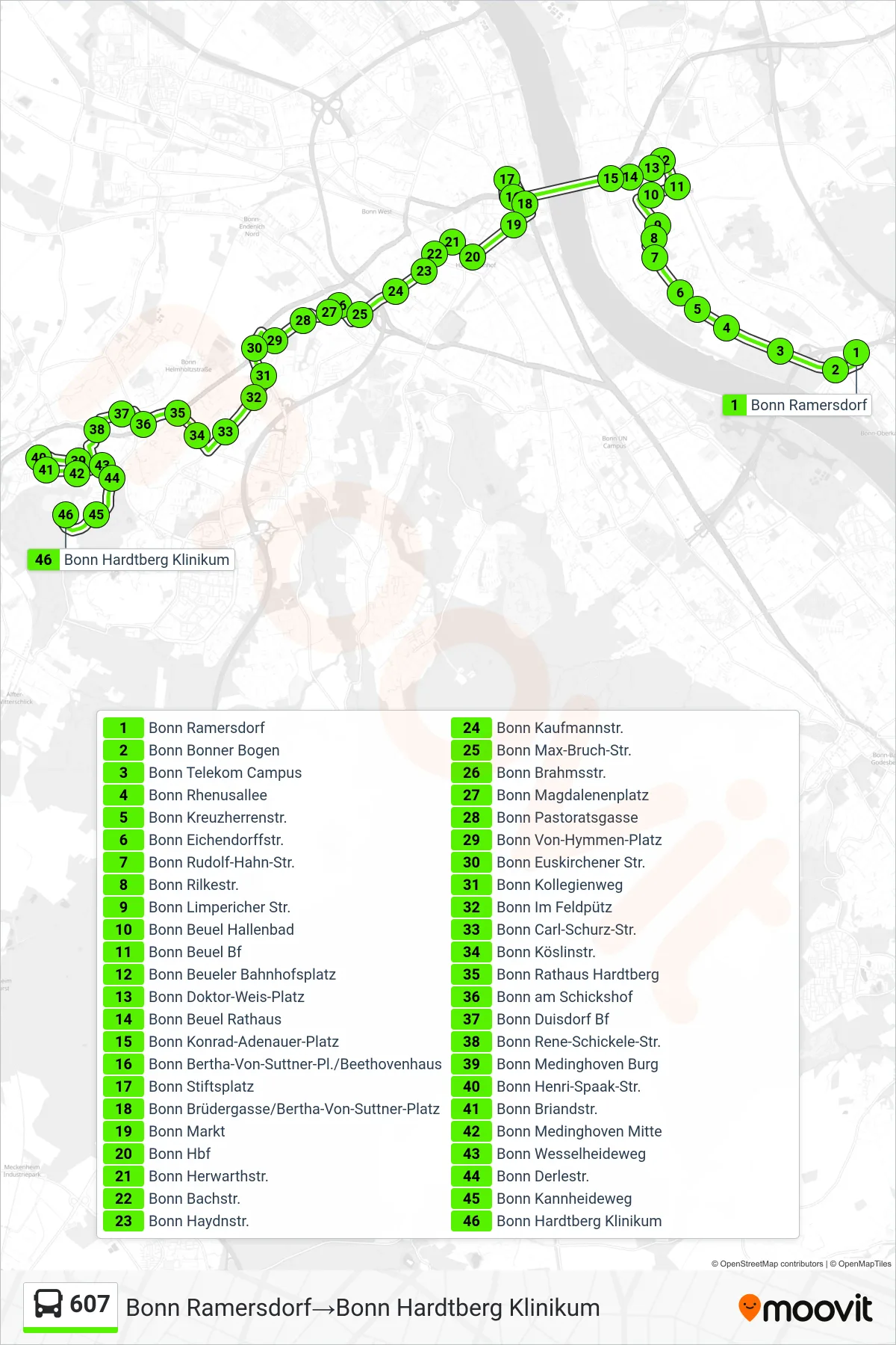 Linie 607 (Bus) Richtung Bonn Ramersdorf→Bonn Hardtberg Klinikum: Route und Haltestellen auf der Karte