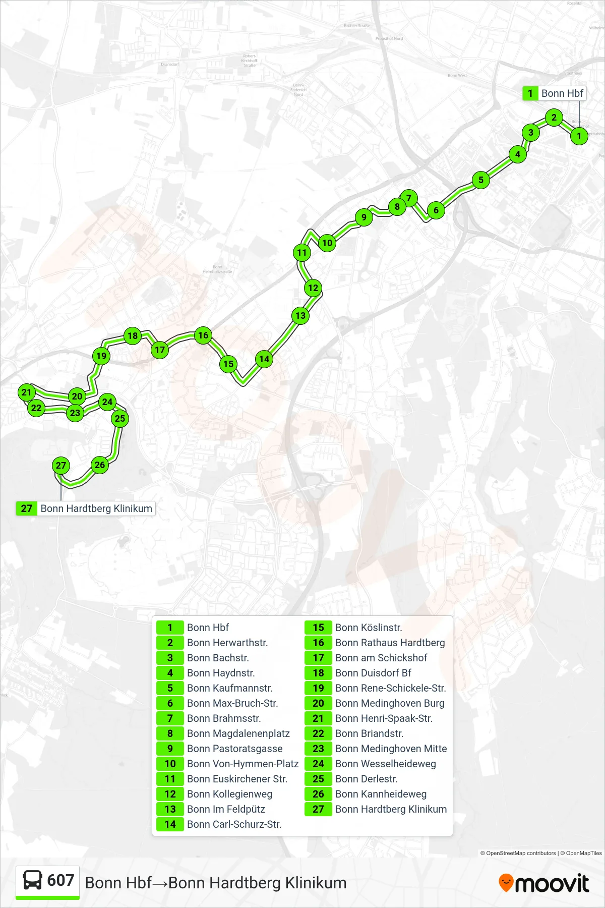 Linie 607 (Bus) Richtung Bonn Hbf→Bonn Hardtberg Klinikum: Route und Haltestellen auf der Karte