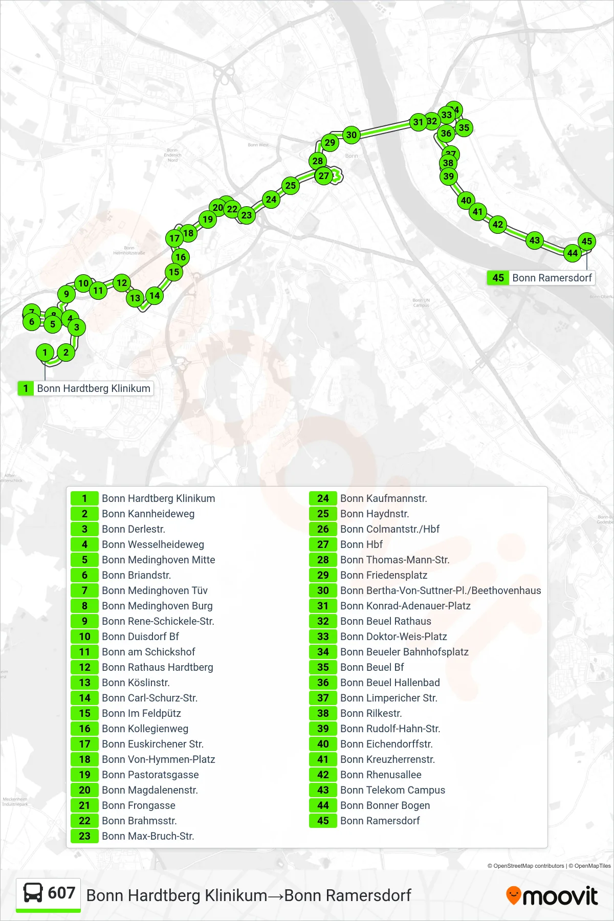 Linie 607 (Bus) Richtung Bonn Hardtberg Klinikum→Bonn Ramersdorf: Route und Haltestellen auf der Karte