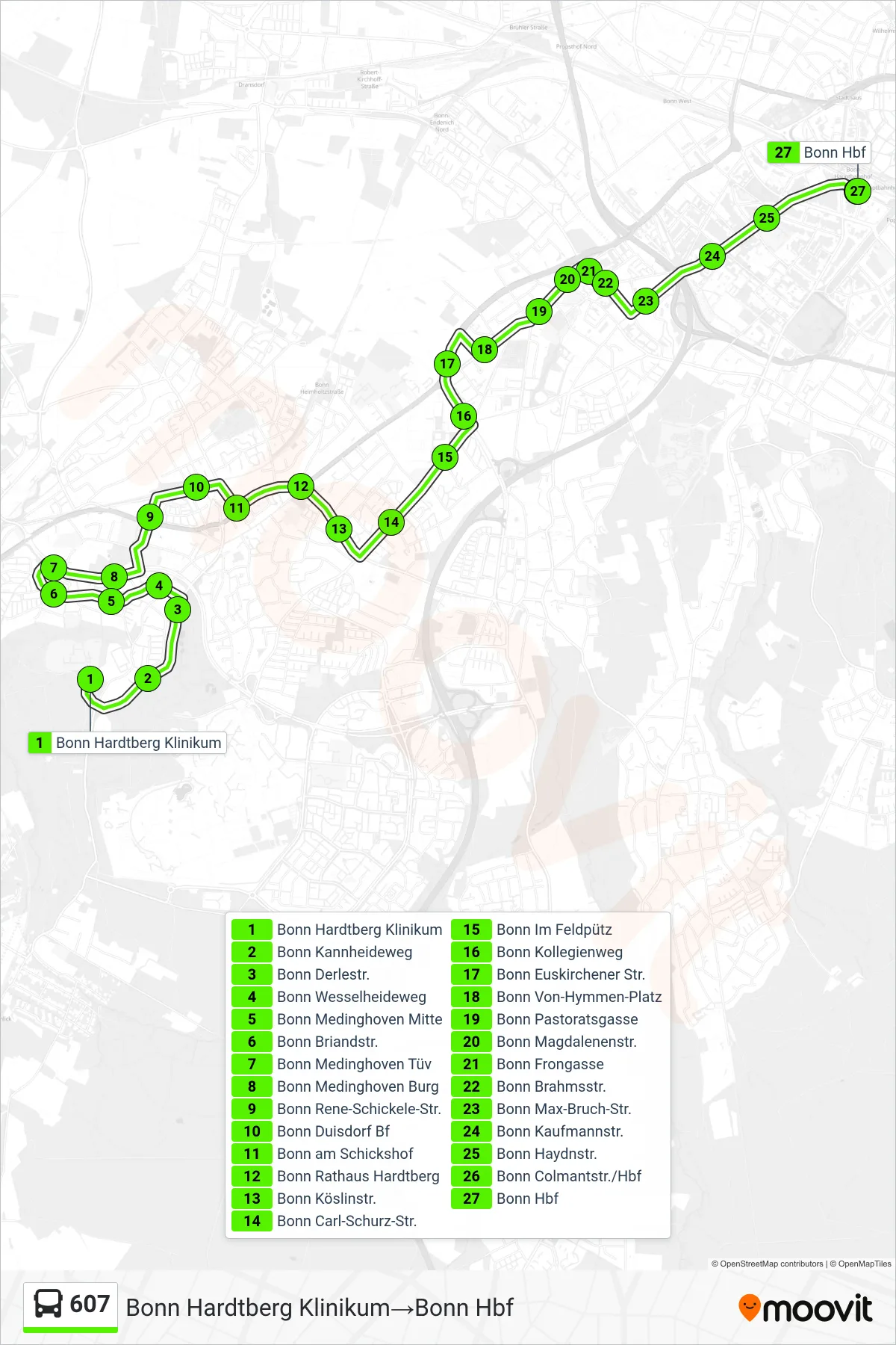 Linie 607 (Bus) Richtung Bonn Hardtberg Klinikum→Bonn Hbf: Route und Haltestellen auf der Karte
