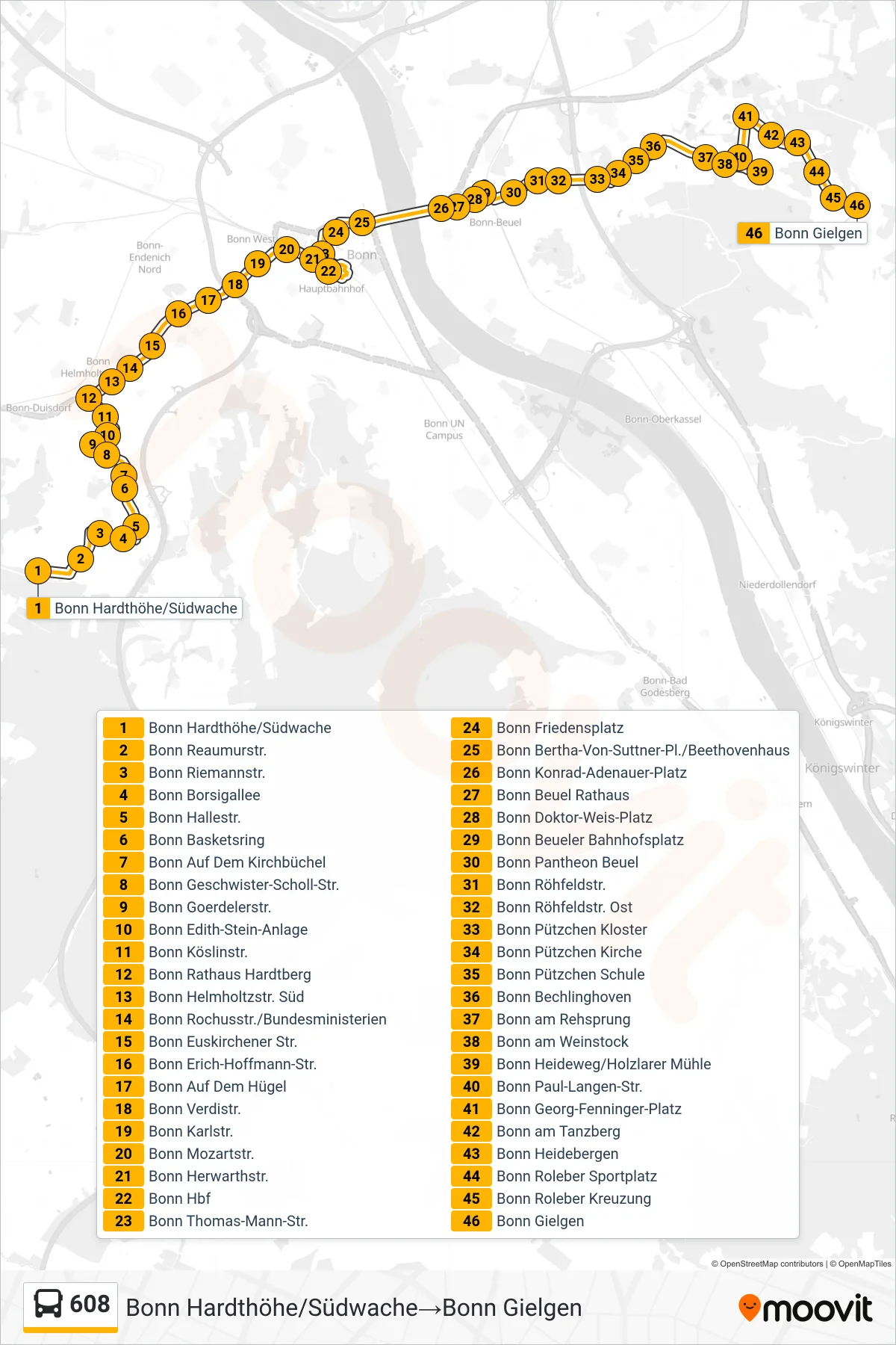 Linie 608 (Bus) Richtung Bonn Hardthöhe/Südwache→Bonn Gielgen: Route und Haltestellen auf der Karte