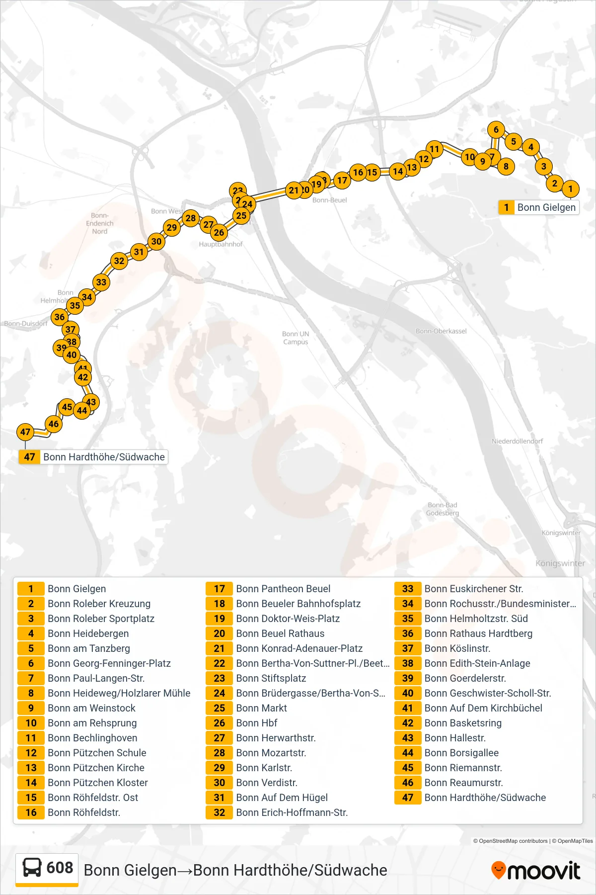 Linie 608 (Bus) Richtung Bonn Gielgen‎→Bonn Hardthöhe/Südwache: Route und Haltestellen auf der Karte