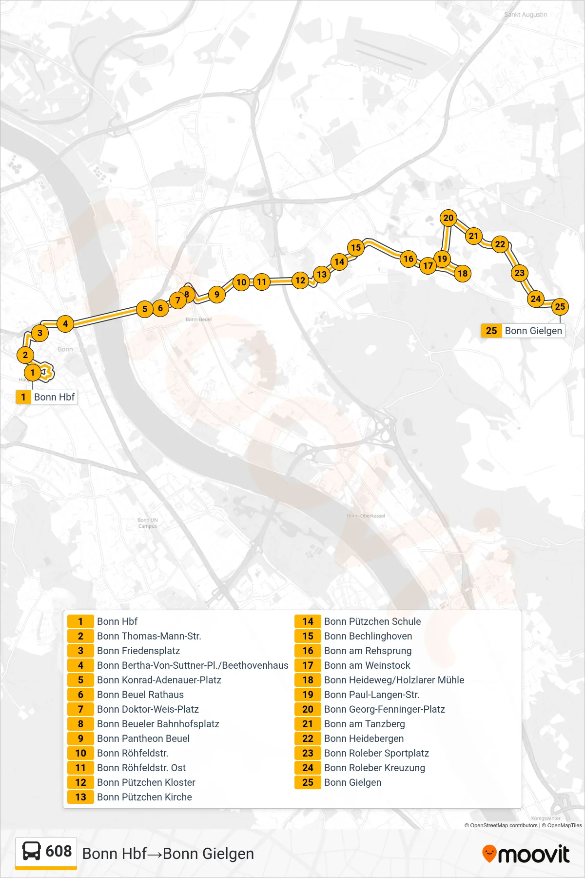 Linie 608 (Bus) Richtung Bonn Hbf‎→Bonn Gielgen: Route und Haltestellen auf der Karte