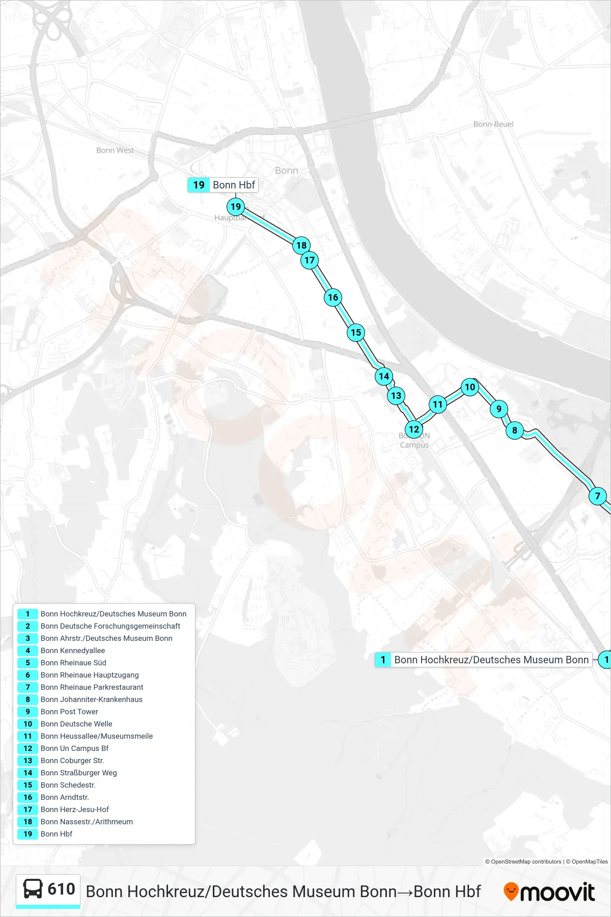 610 bus Line (Bonn Hochkreuz/Deutsches Museum Bonn‎→Bonn Hbf) route and stops on a map