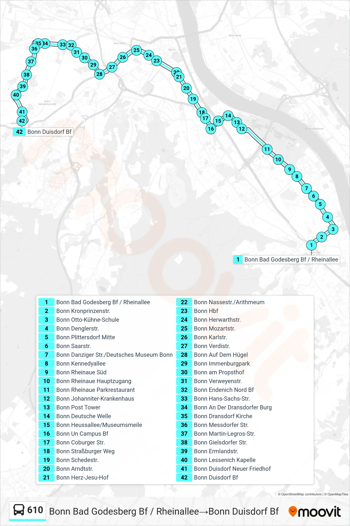 Linie 610 (Bus) Richtung Bonn Bad Godesberg Bf / Rheinallee→Bonn Duisdorf Bf: Route und Haltestellen auf der Karte