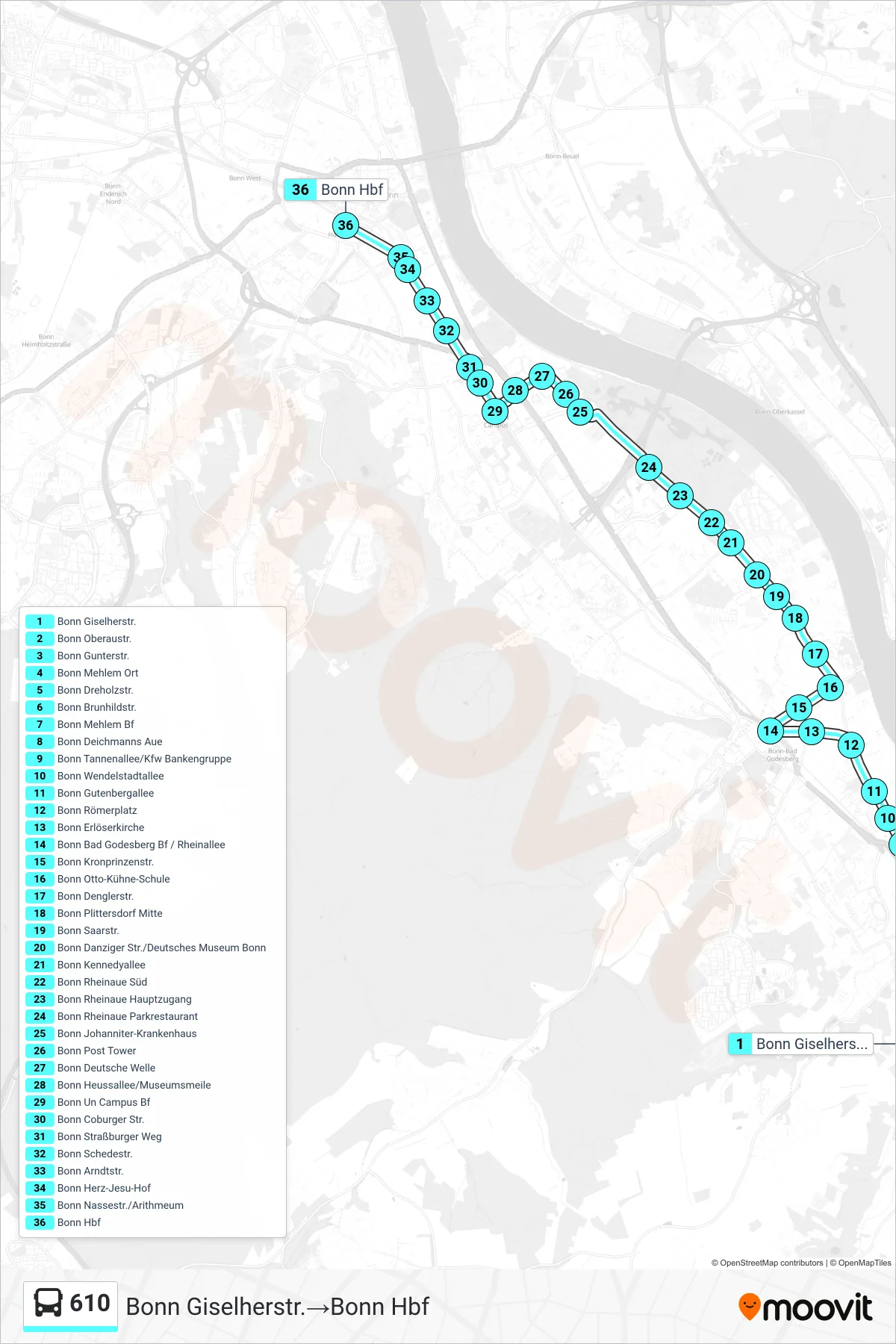 610 bus Line (Bonn Giselherstr.→Bonn Hbf) route and stops on a map