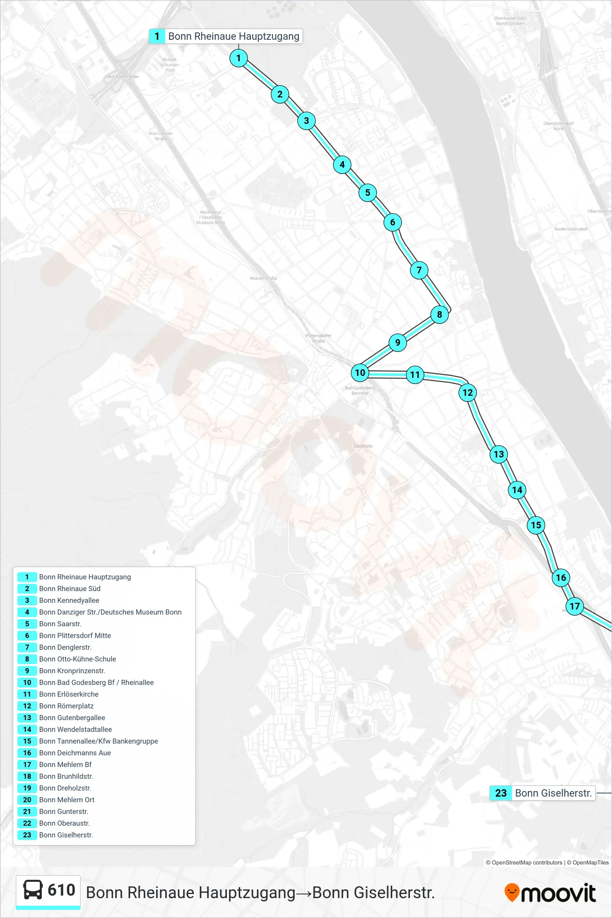 Linie 610 (Bus) Richtung Bonn Rheinaue Hauptzugang→Bonn Giselherstr.: Route und Haltestellen auf der Karte