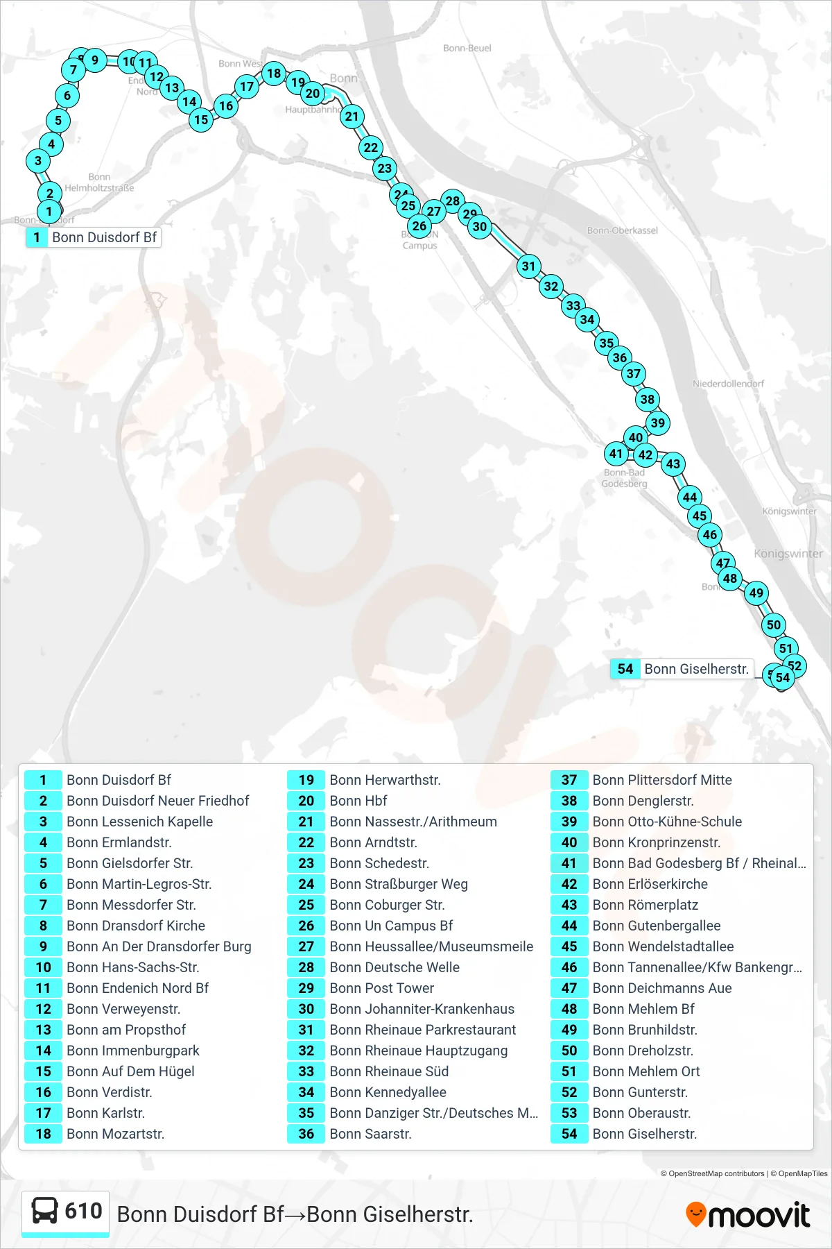 Linie 610 (Bus) Richtung Bonn Duisdorf Bf→Bonn Giselherstr.: Route und Haltestellen auf der Karte