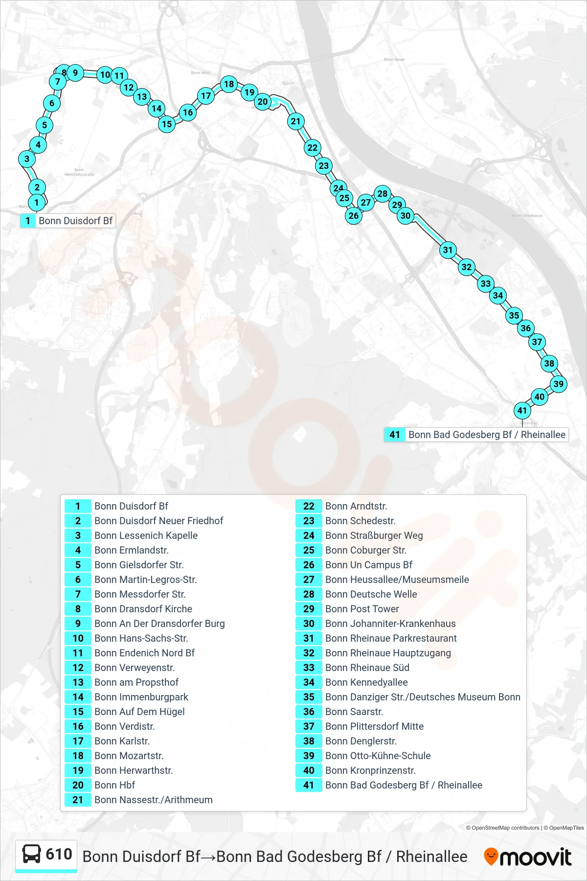 Linie 610 (Bus) Richtung Bonn Duisdorf Bf→Bonn Bad Godesberg Bf / Rheinallee: Route und Haltestellen auf der Karte
