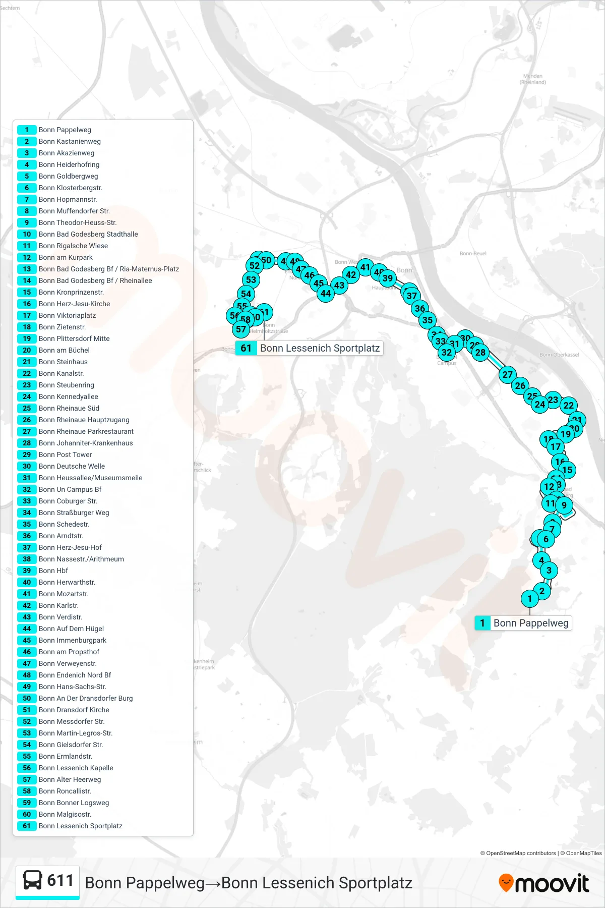 Linie 611 (Bus) Richtung Bonn Pappelweg‎→Bonn Lessenich Sportplatz: Route und Haltestellen auf der Karte