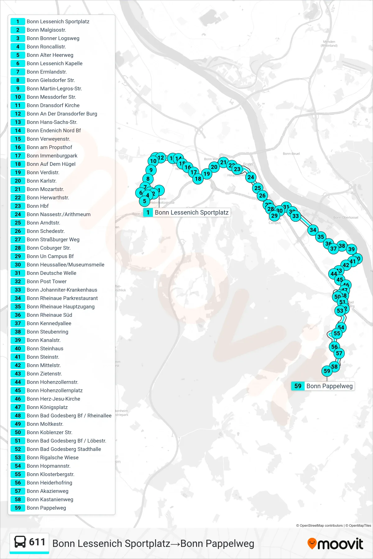 Linie 611 (Bus) Richtung Bonn Lessenich Sportplatz‎→Bonn Pappelweg: Route und Haltestellen auf der Karte