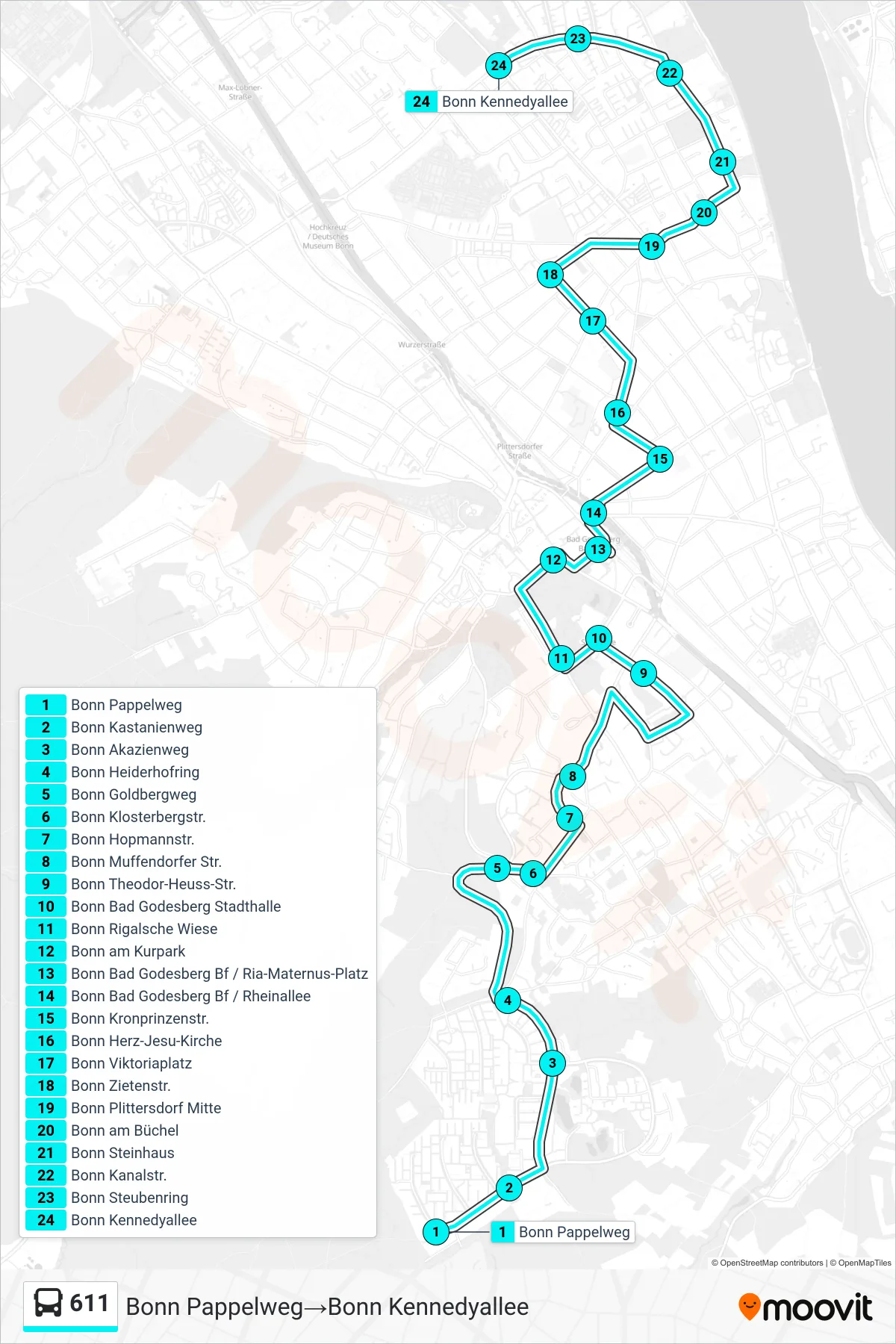 Linie 611 (Bus) Richtung Bonn Pappelweg→Bonn Kennedyallee: Route und Haltestellen auf der Karte
