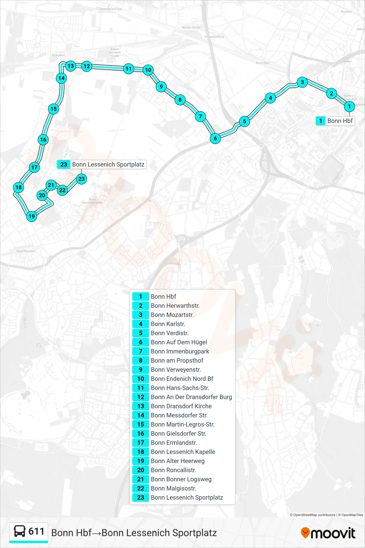 Linie 611 (Bus) Richtung Bonn Hbf‎→Bonn Lessenich Sportplatz: Route und Haltestellen auf der Karte