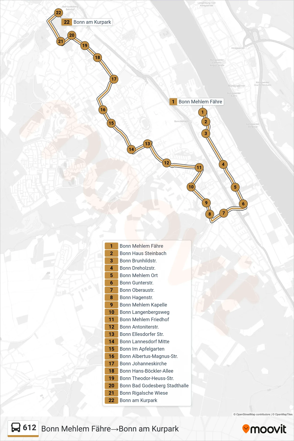 Linie 612 (Bus) Richtung Bonn Mehlem Fähre‎→Bonn am Kurpark: Route und Haltestellen auf der Karte