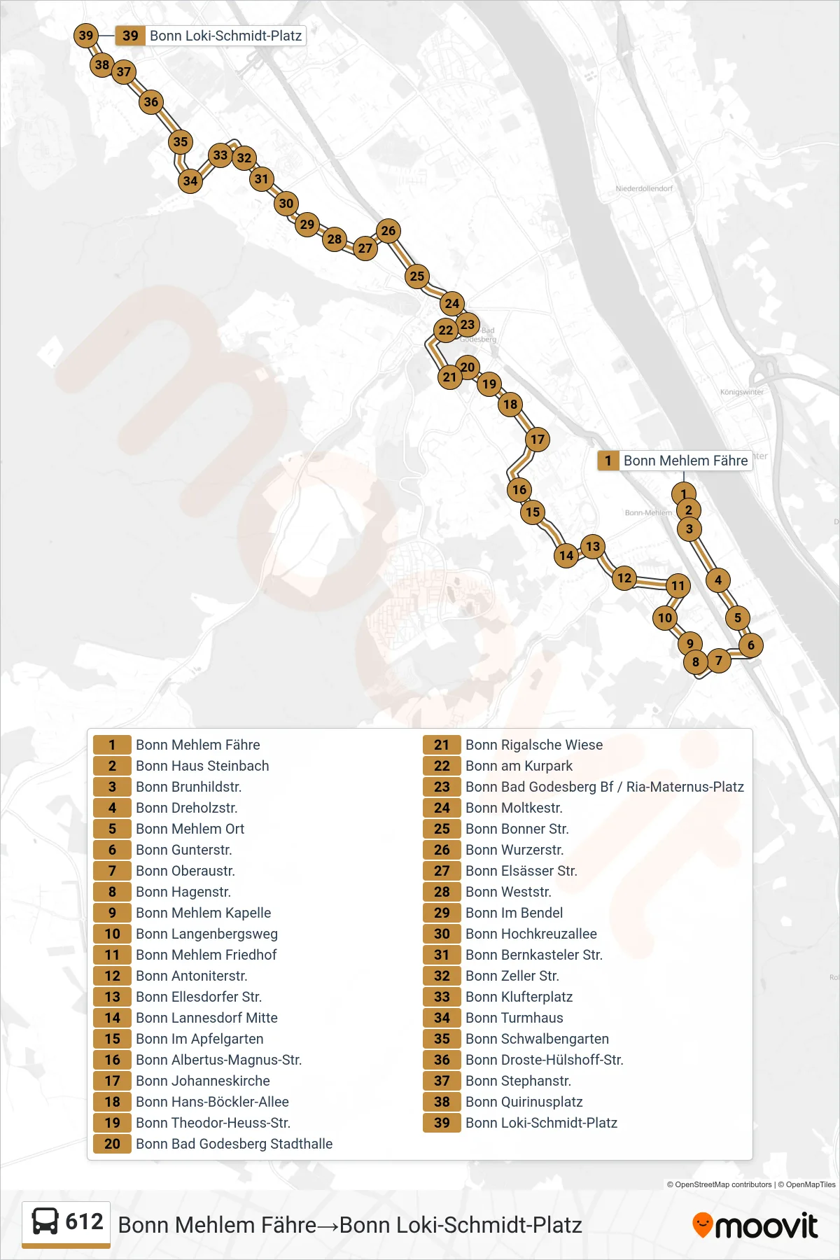 Linie 612 (Bus) Richtung Bonn Mehlem Fähre‎→Bonn Loki-Schmidt-Platz: Route und Haltestellen auf der Karte