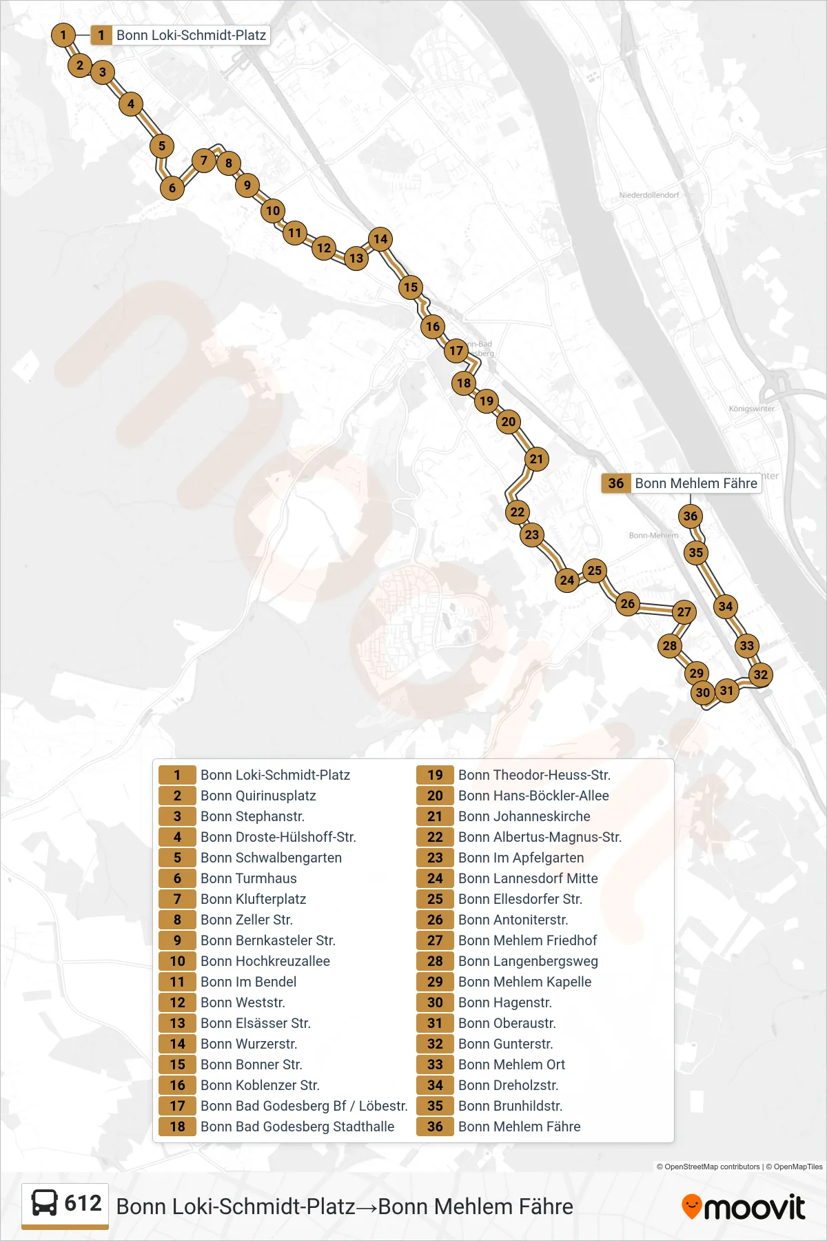 Linie 612 (Bus) Richtung Bonn Loki-Schmidt-Platz→Bonn Mehlem Fähre: Route und Haltestellen auf der Karte